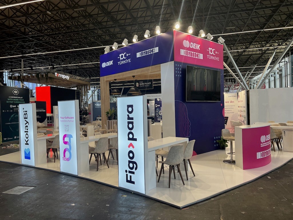 Wide view of the 108 sqm DEİK pavilion at Money2020 Amsterdam, showing the layout with company zones and central meeting areas.