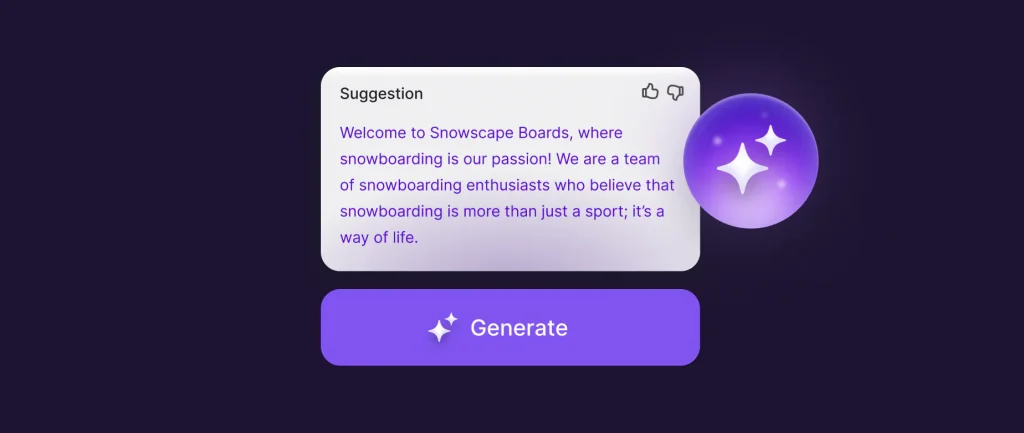 KI-Schreibassistent mit einem generierten Shop-Text und einem Button Generate