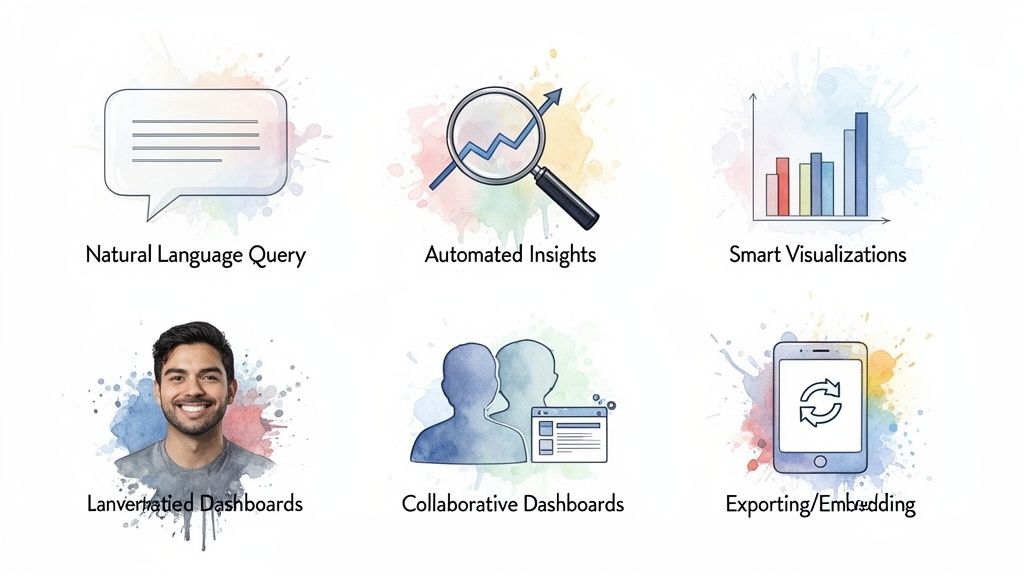 Six icons illustrating AI reporting tool capabilities: natural language queries, automated insights, smart visualizations, Lanverhatiated dashboards, collaborative dashboards, exporting/embedding.