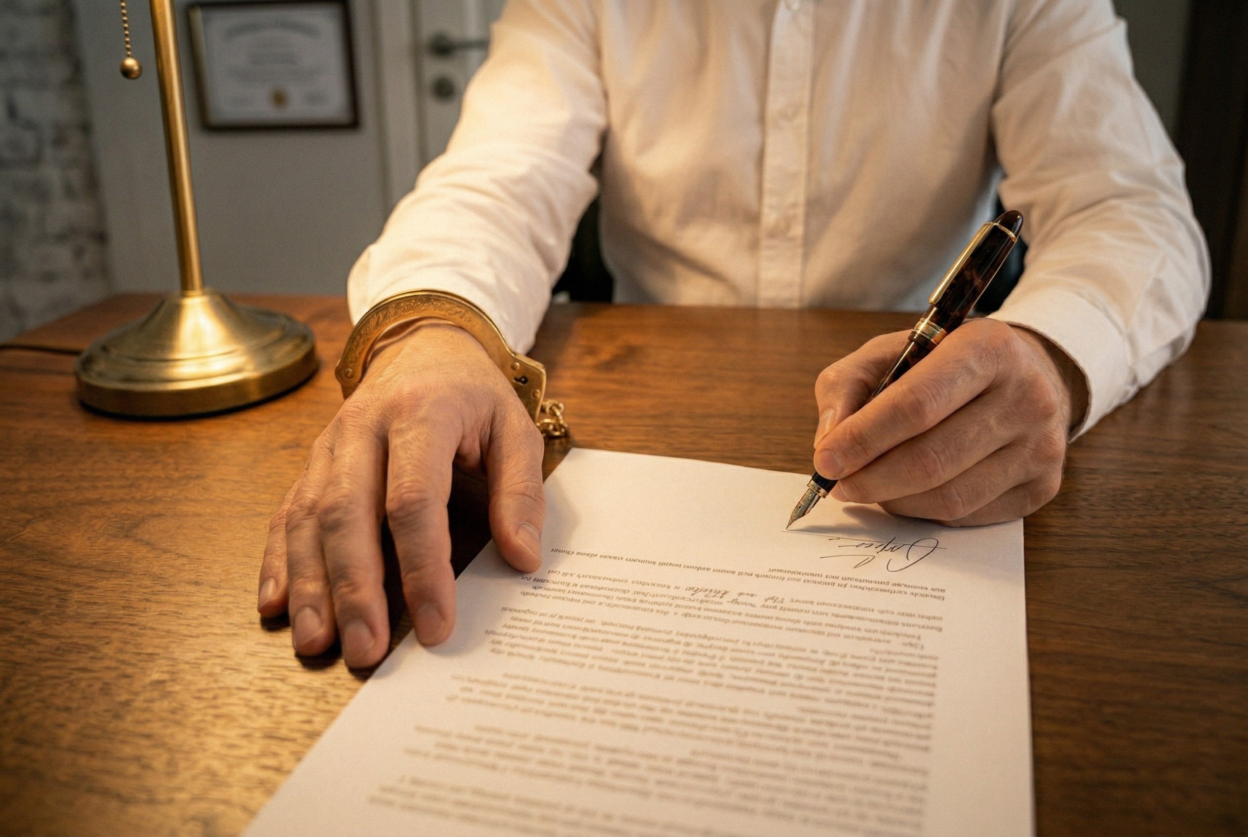 Close-up of hands signing a contract on dark wood table with gold handcuff on one wrist