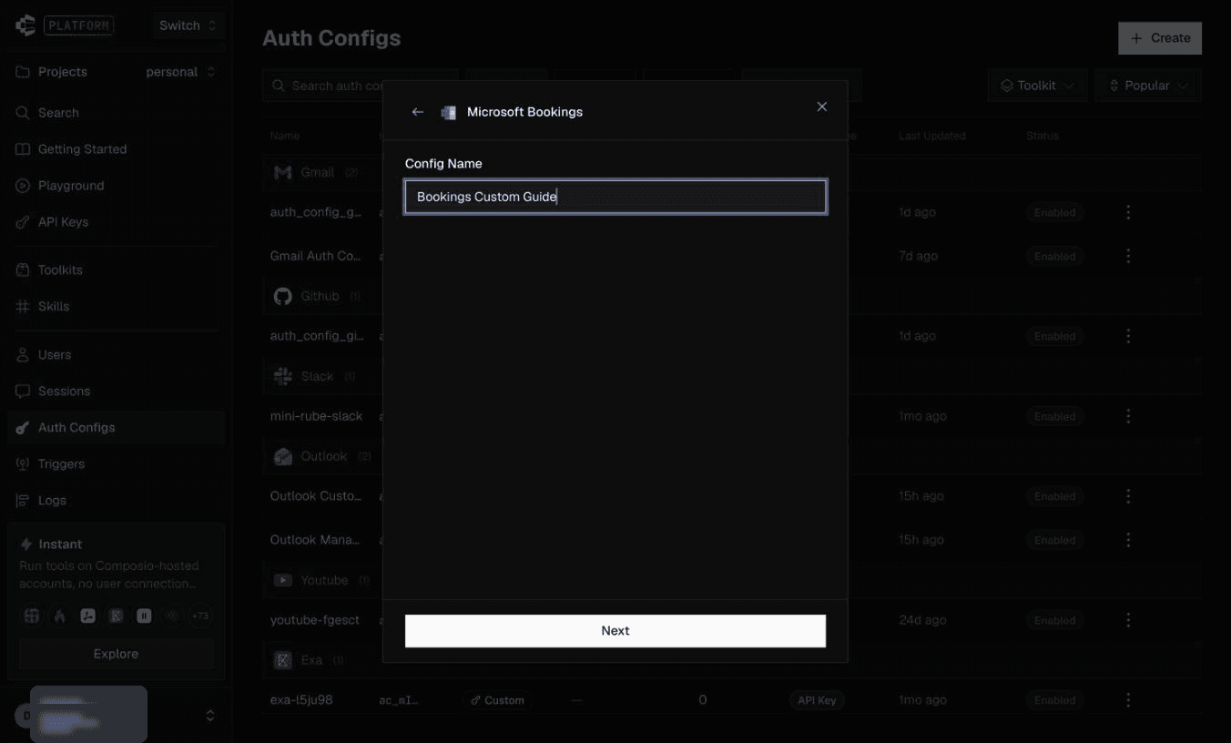 Bookings configuration name