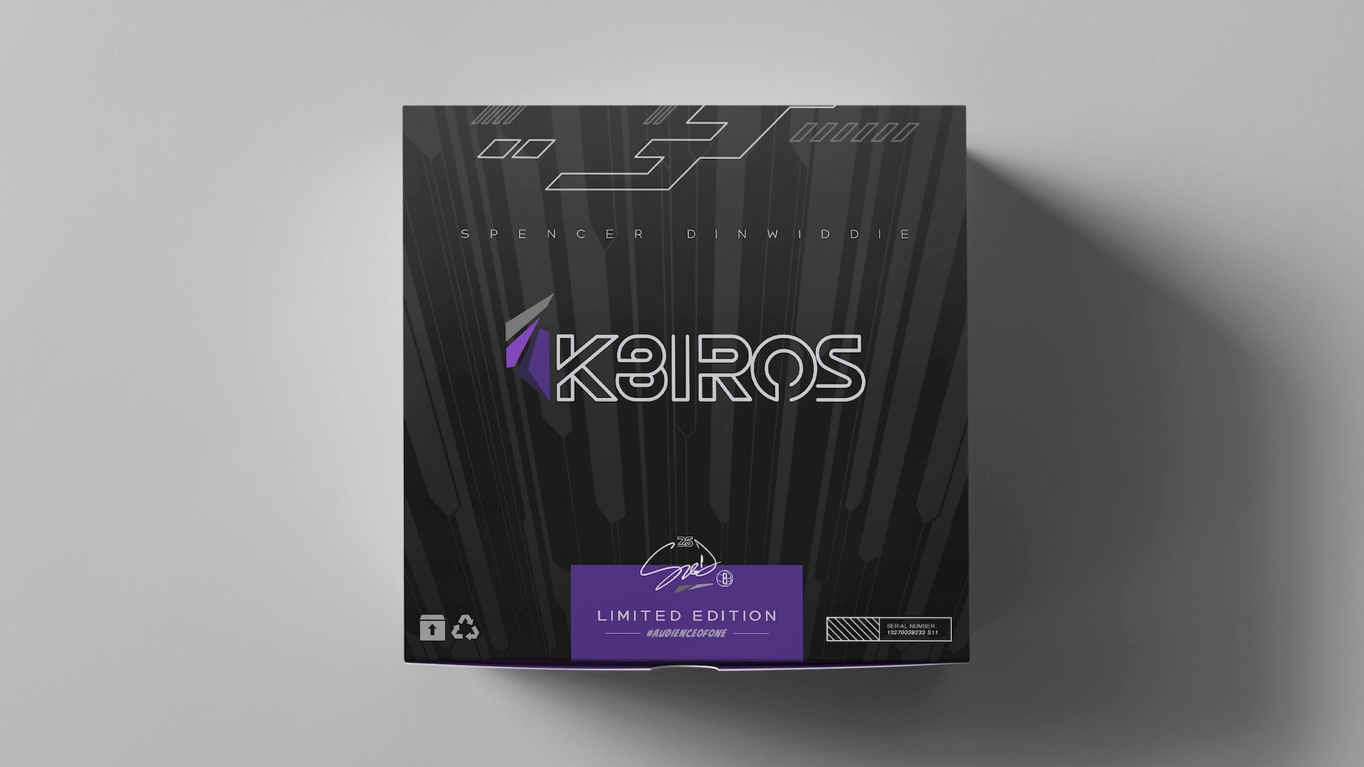 Spencer Dinwiddie K8IROS limited edition packaging front view featuring angular typography and purple label on premium charcoal box