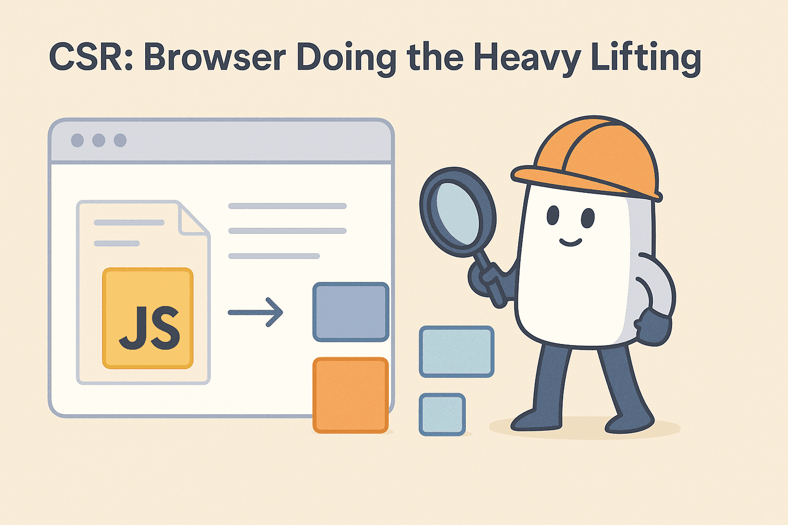 Cartoon browser character wearing a builder hat assembling UI components while loading JavaScript in a minimal HTML shell.