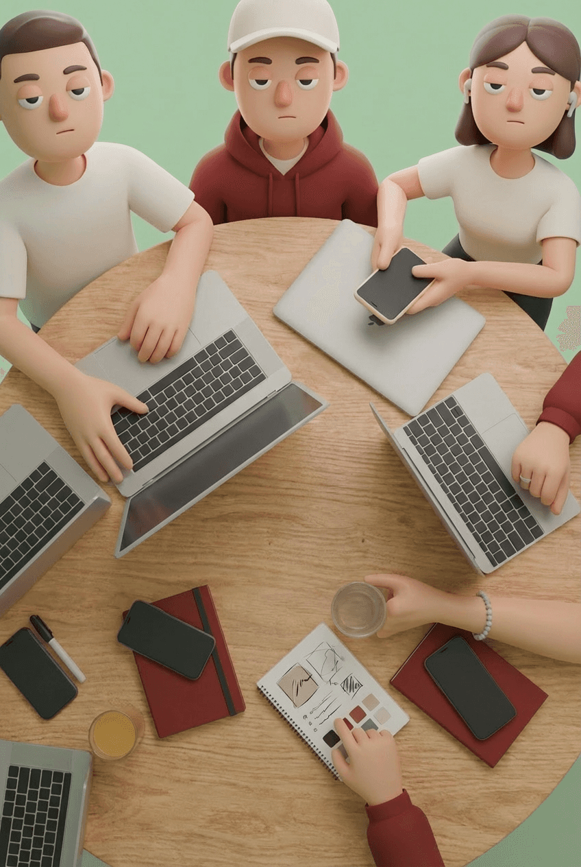Team of three employees having a meeting at a table in a bright modern office.