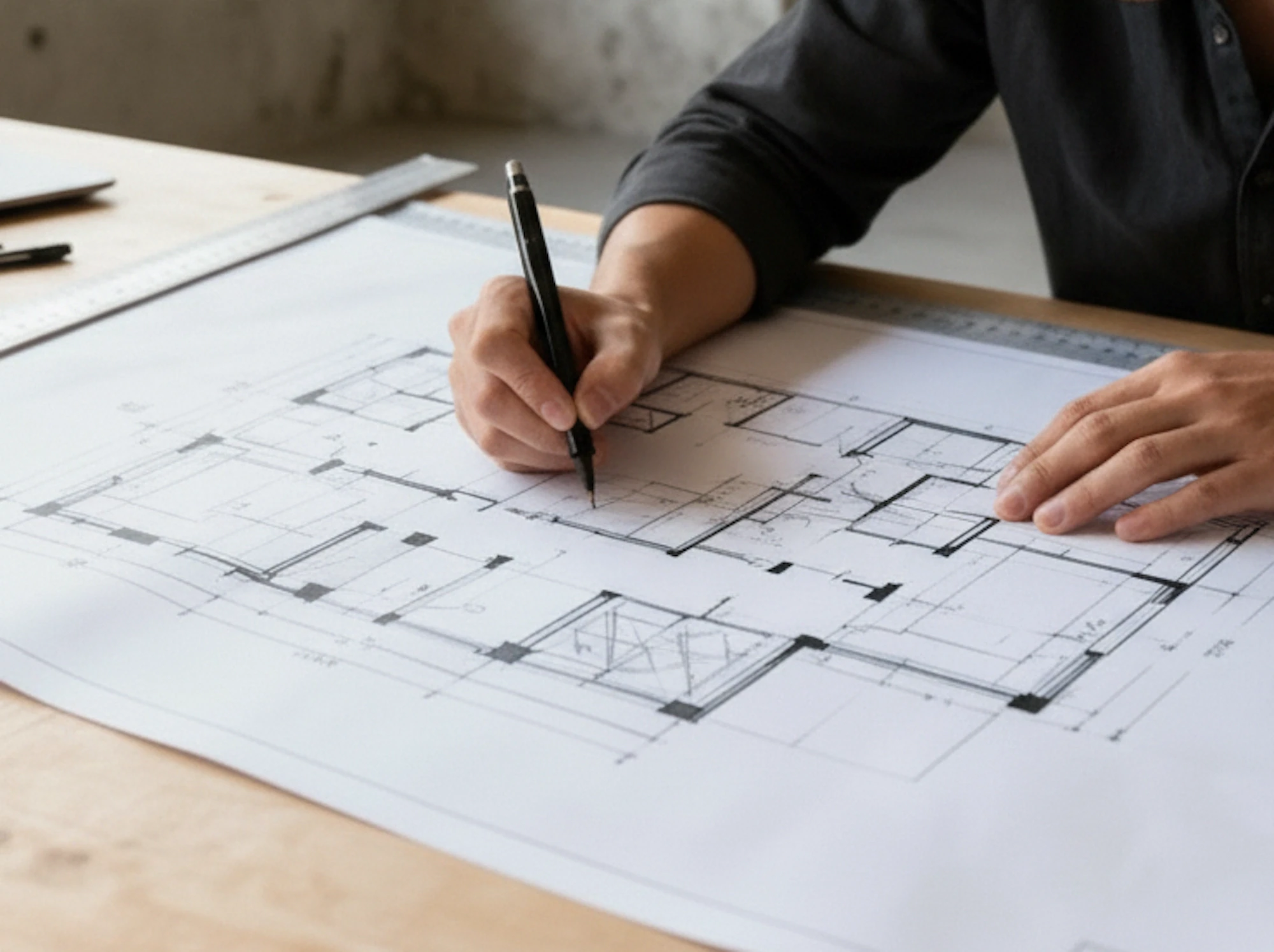 Architect hand-drafting floor plans in a concrete studio environment.