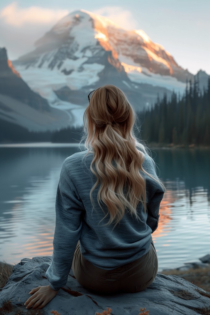 A woman looking at a mountain sitting near a lake