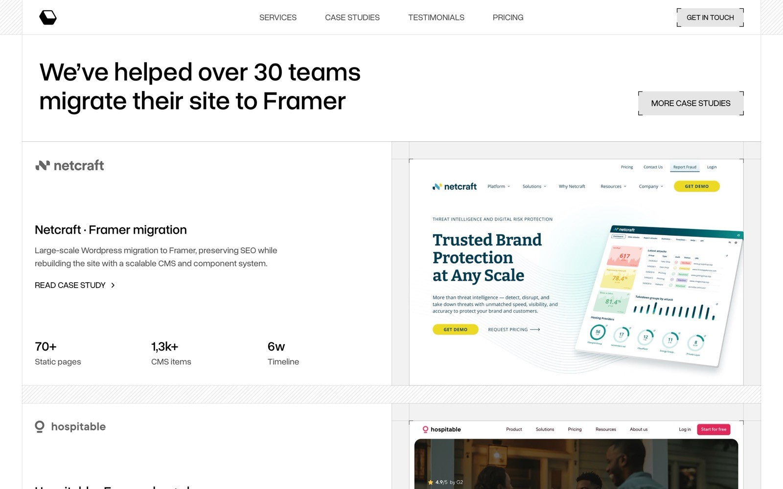 Webpage showcasing website migration services to Framer, featuring a detailed Netcraft case study and website screenshot.