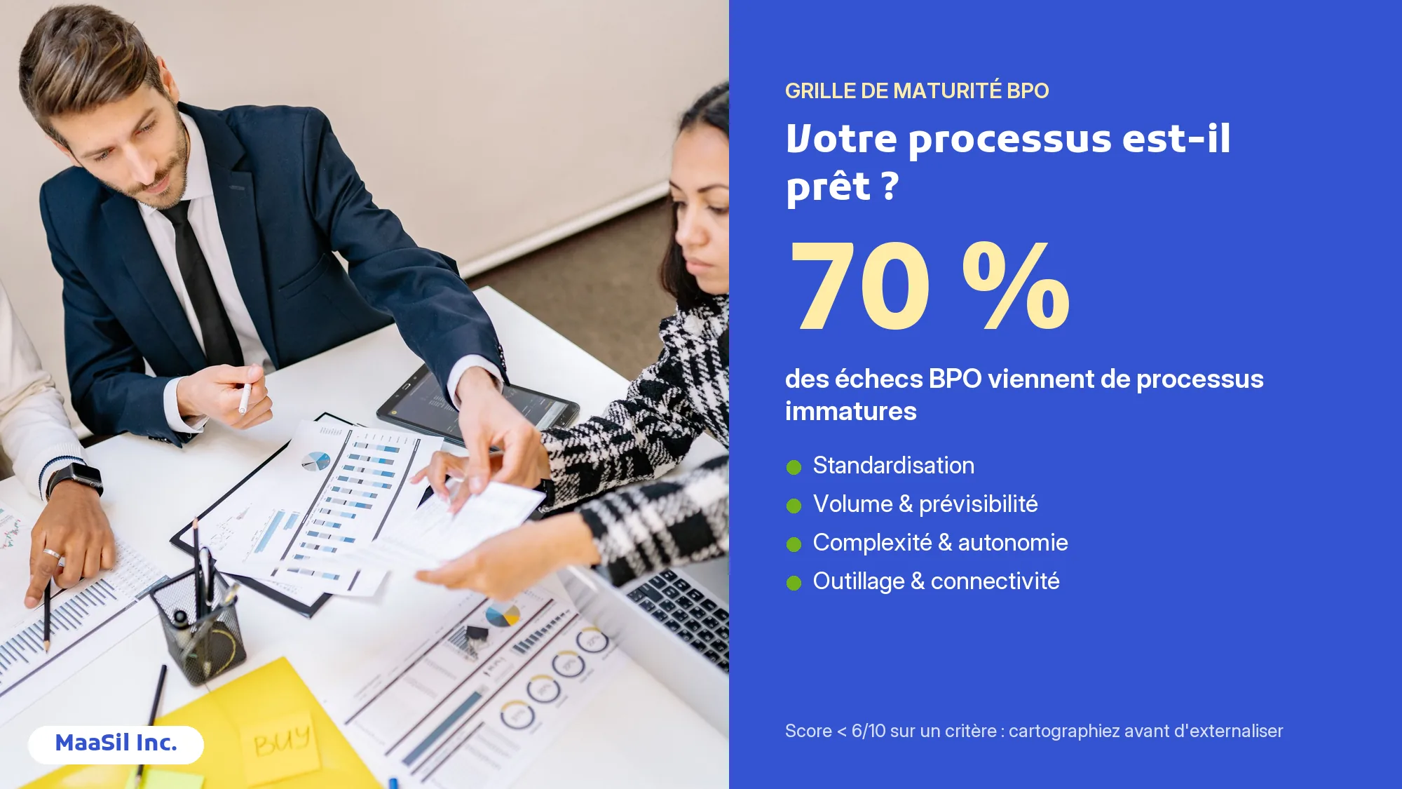 Infographie grille de maturité BPO : 70 % des échecs viennent de processus immatures, 4 critères à évaluer