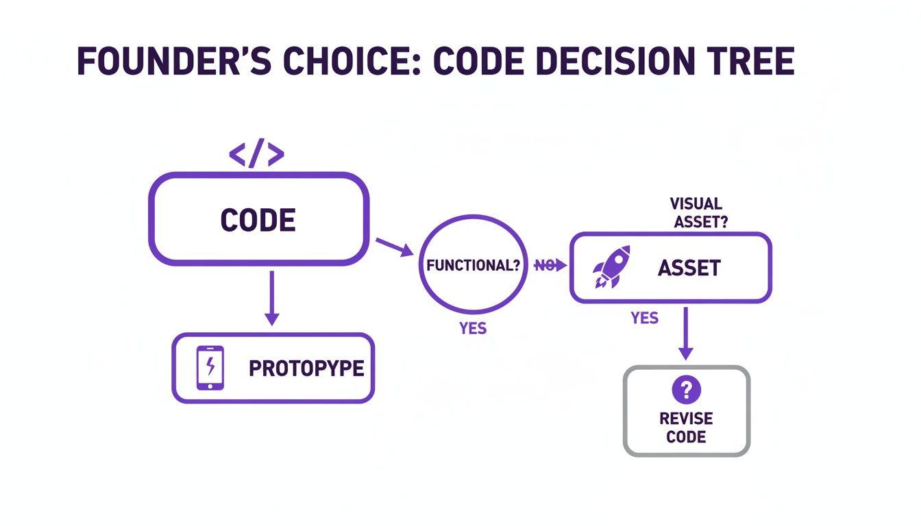 A founder's choice code decision tree showing steps for code, functional check, prototype, assets, and revision.