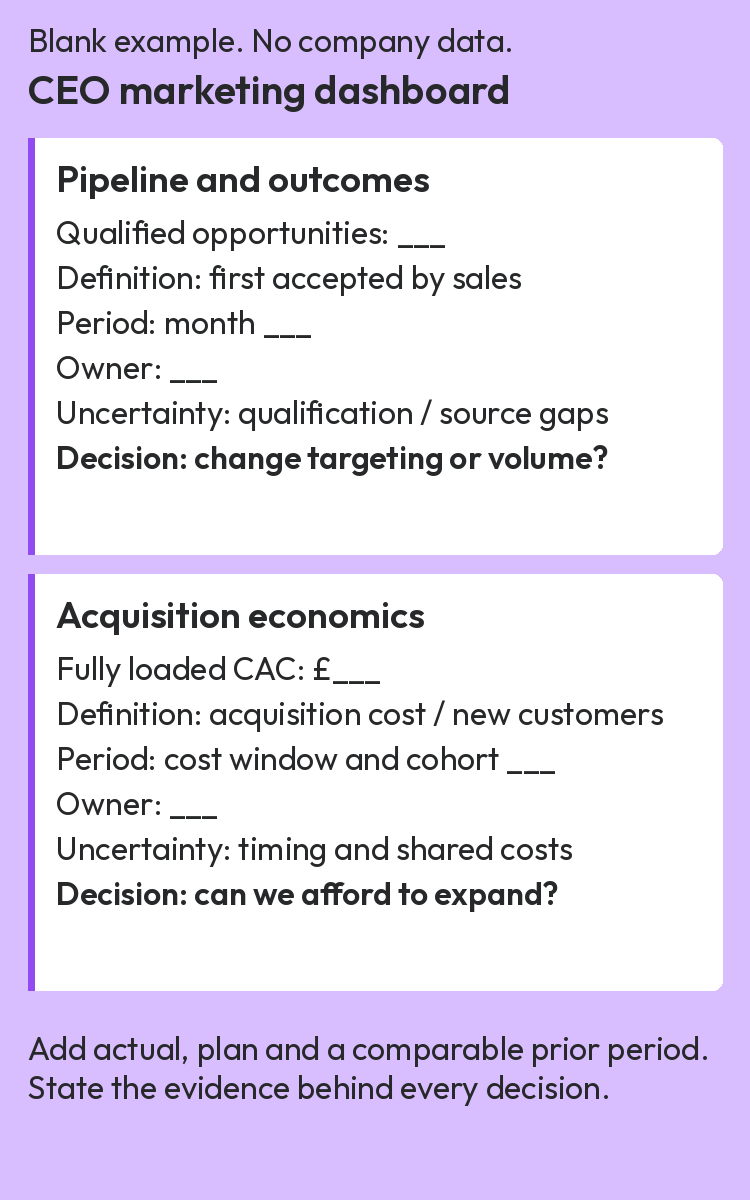 Blank CEO marketing dashboard: qualified opportunities and acquisition economics, with fields for definitions, periods, owners, uncertainty and decisions. No company data.