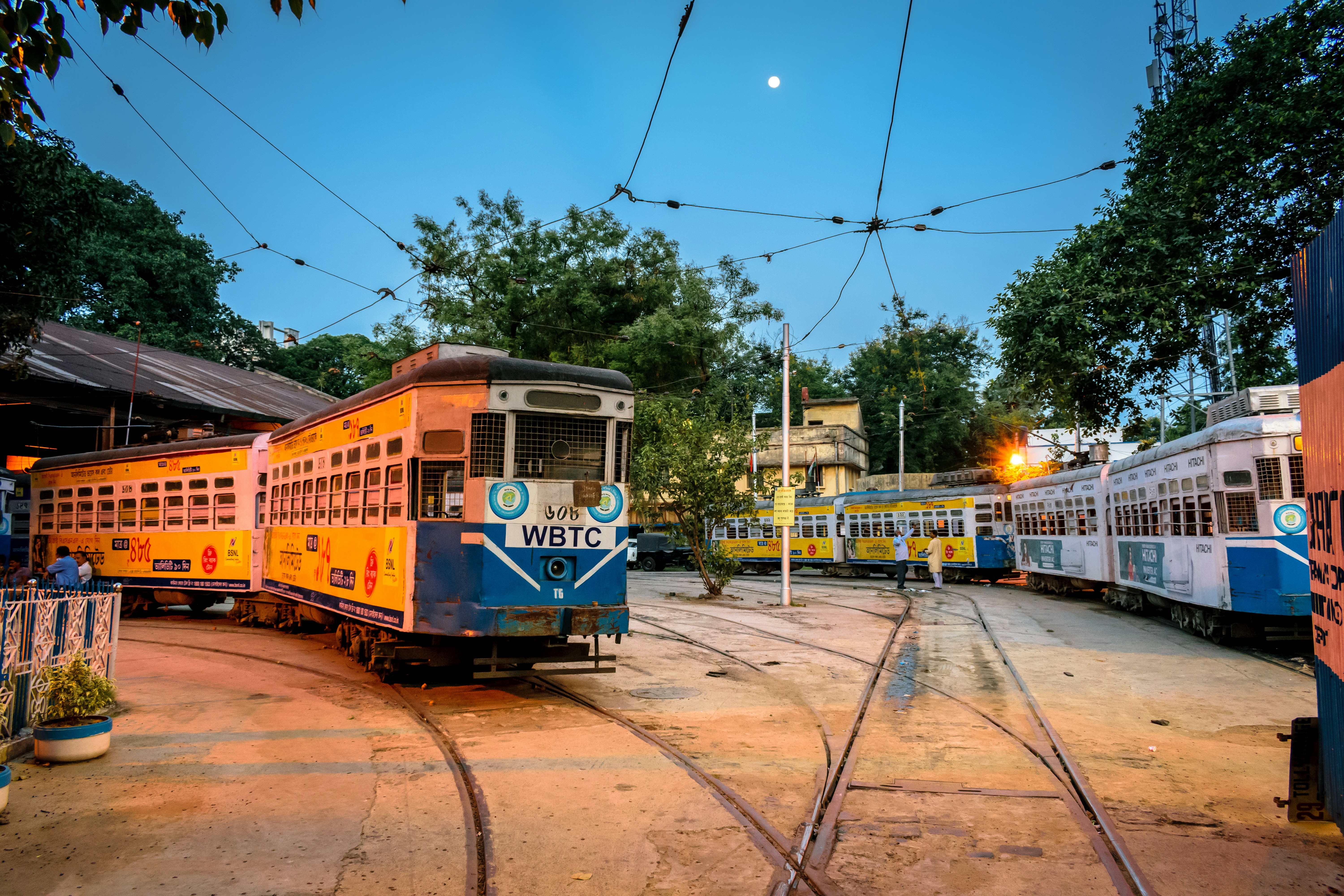 Image of iconic trams at a depot in Kolkata during evening hours.