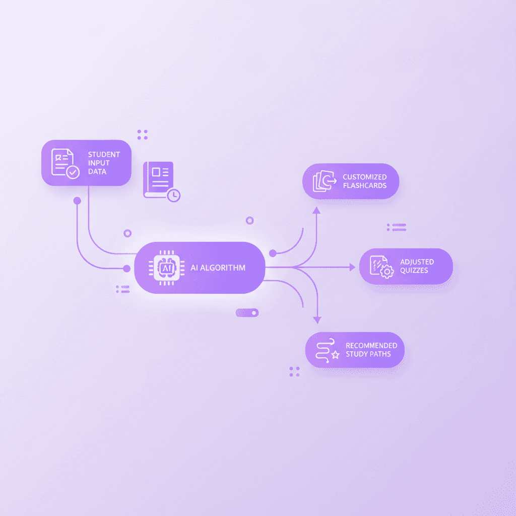 Flowchart illustrating how AI personalized learning algorithms process student data to create custom study materials