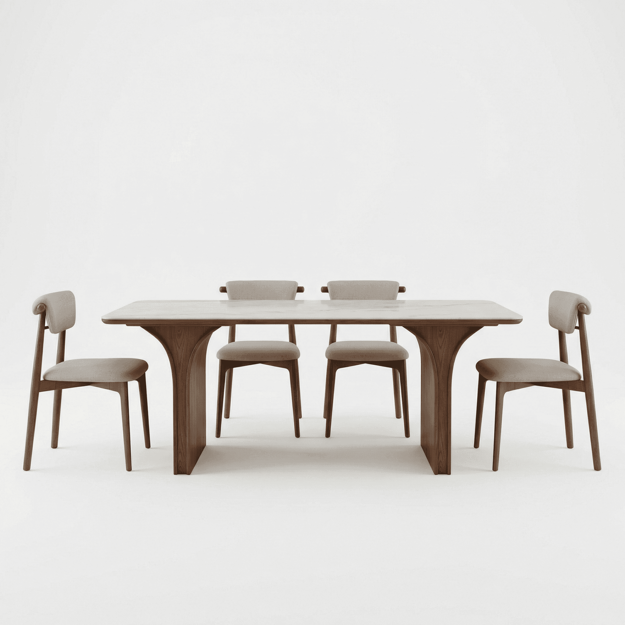 Modern classic dining table with sculpted solid‑wood legs and upholstered chairs with rounded backs