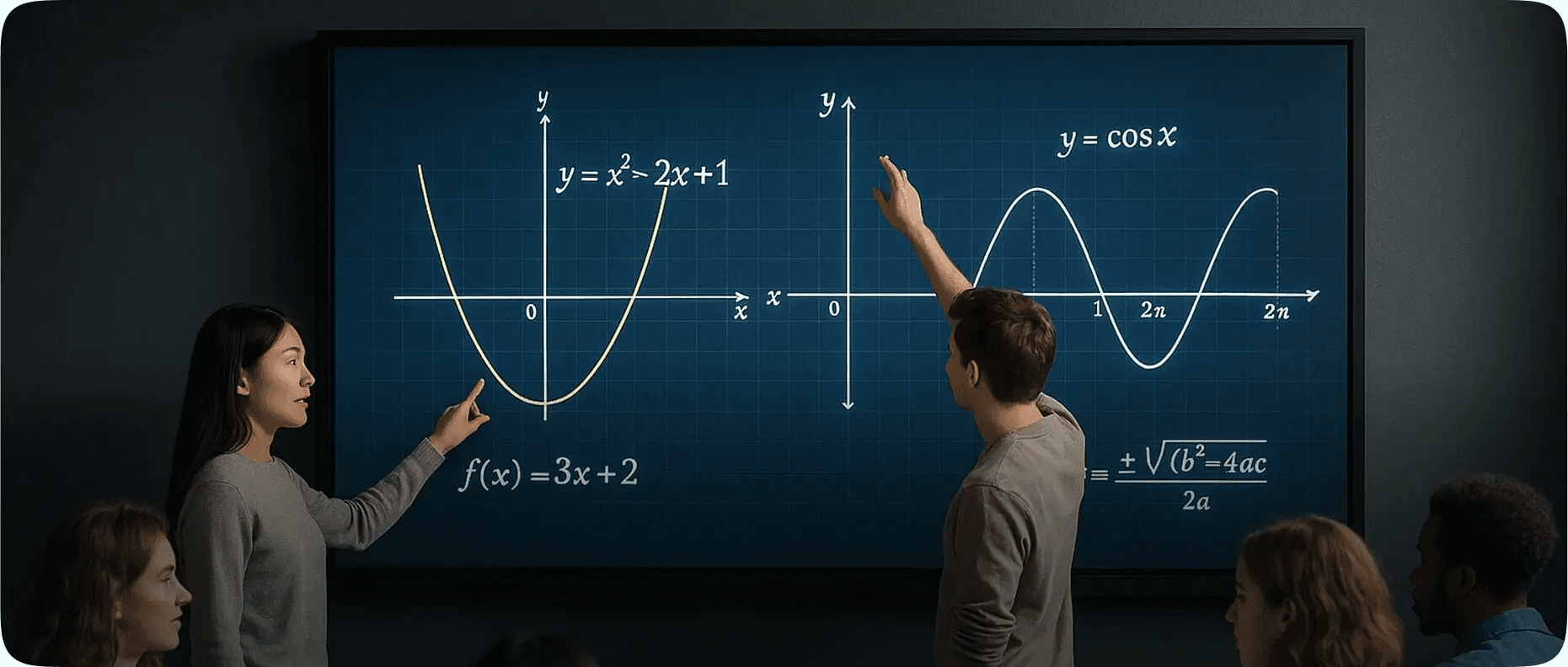 Large-format indoor LED screen displaying educational content in a modern lecture hall