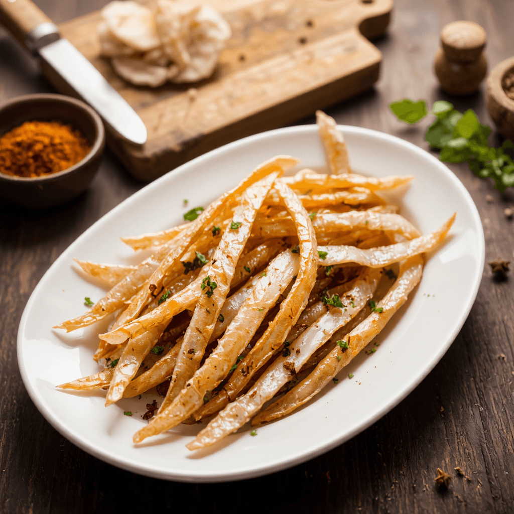 product photography of plate of dried fish strips