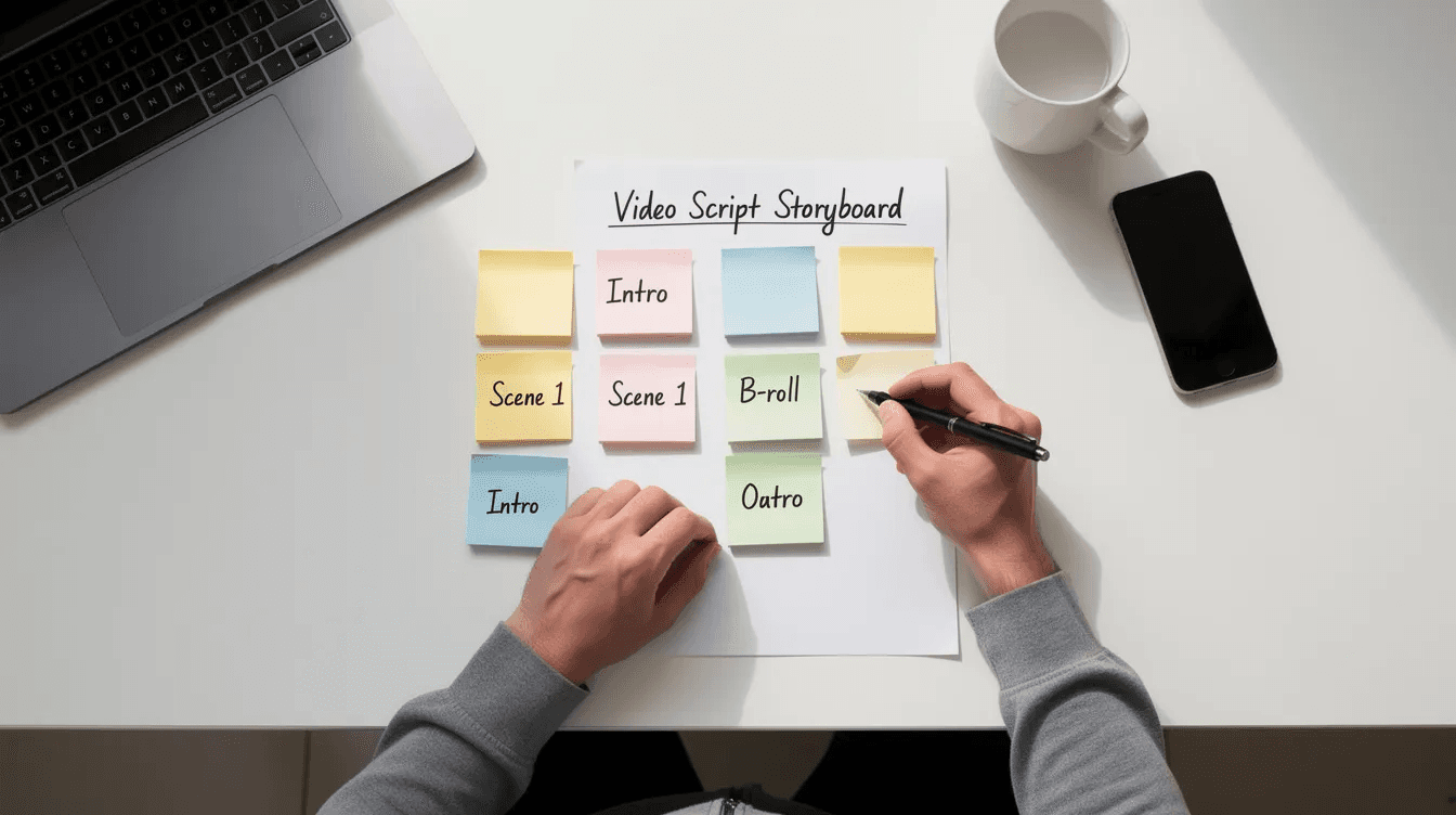 Une personne est assise à un bureau propre, en train d'écrire un storyboard pour une vidéo pédagogique, entourée de notes autocollantes colorées. Ce processus créatif vise à structurer le contenu et à définir les éléments interactifs pour une formation efficace destinée aux apprenants.