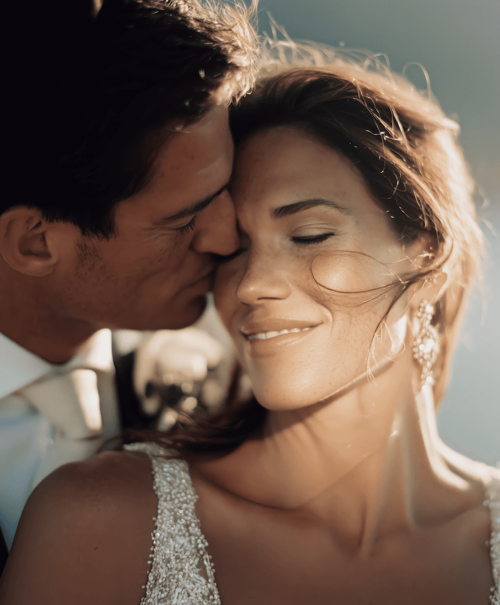 Close-up of a groom kissing the bride’s cheek as she smiles with her eyes closed, photographed in soft natural light.
