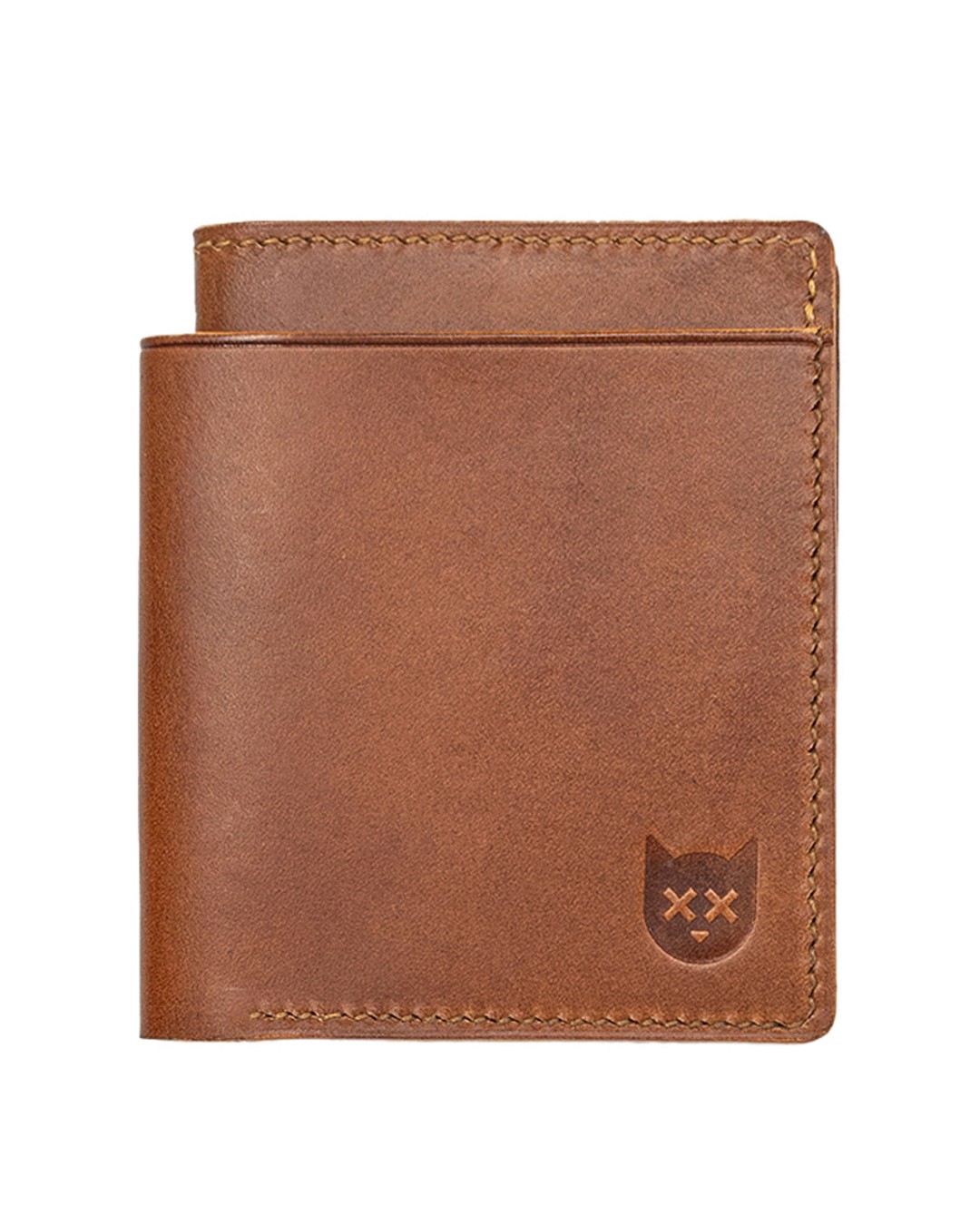 Hand-stitched chestnut leather bifold wallet with Crosstitch cat emblem