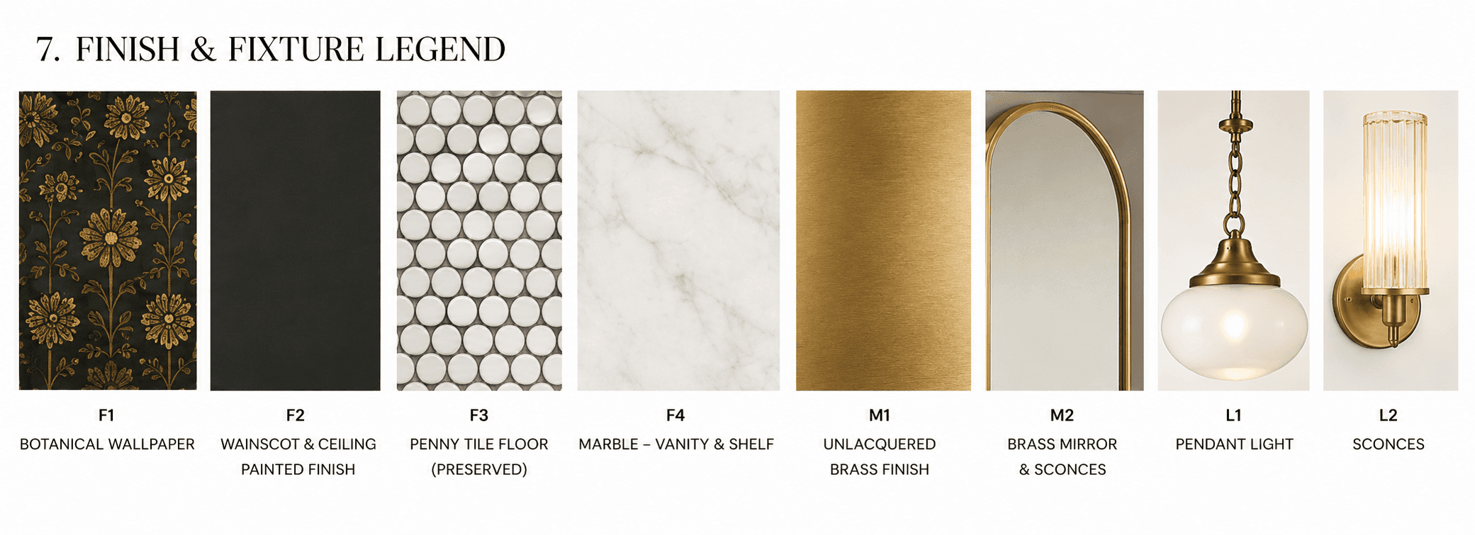 Melrose Powder Box finish and fixture legend showing wallpaper, wainscot, penny tile, marble, brass, mirror and lighting selections
