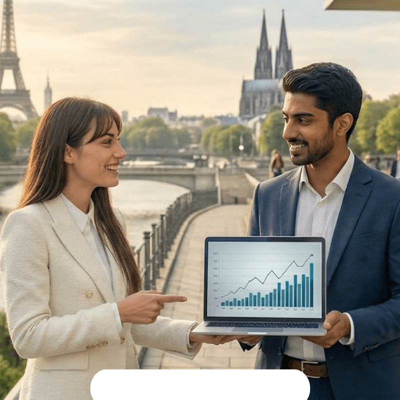 A professional duo featuring a Caucasian woman and an Indian male tech professional collaborating outdoors in a European city. They are holding a laptop displaying a growth chart, symbolizing the high demand for IT talent in Europe. The background features a river and iconic landmarks like the Eiffel Tower and the Berlin Reichstag, representing career opportunities in Germany, France, and beyond.