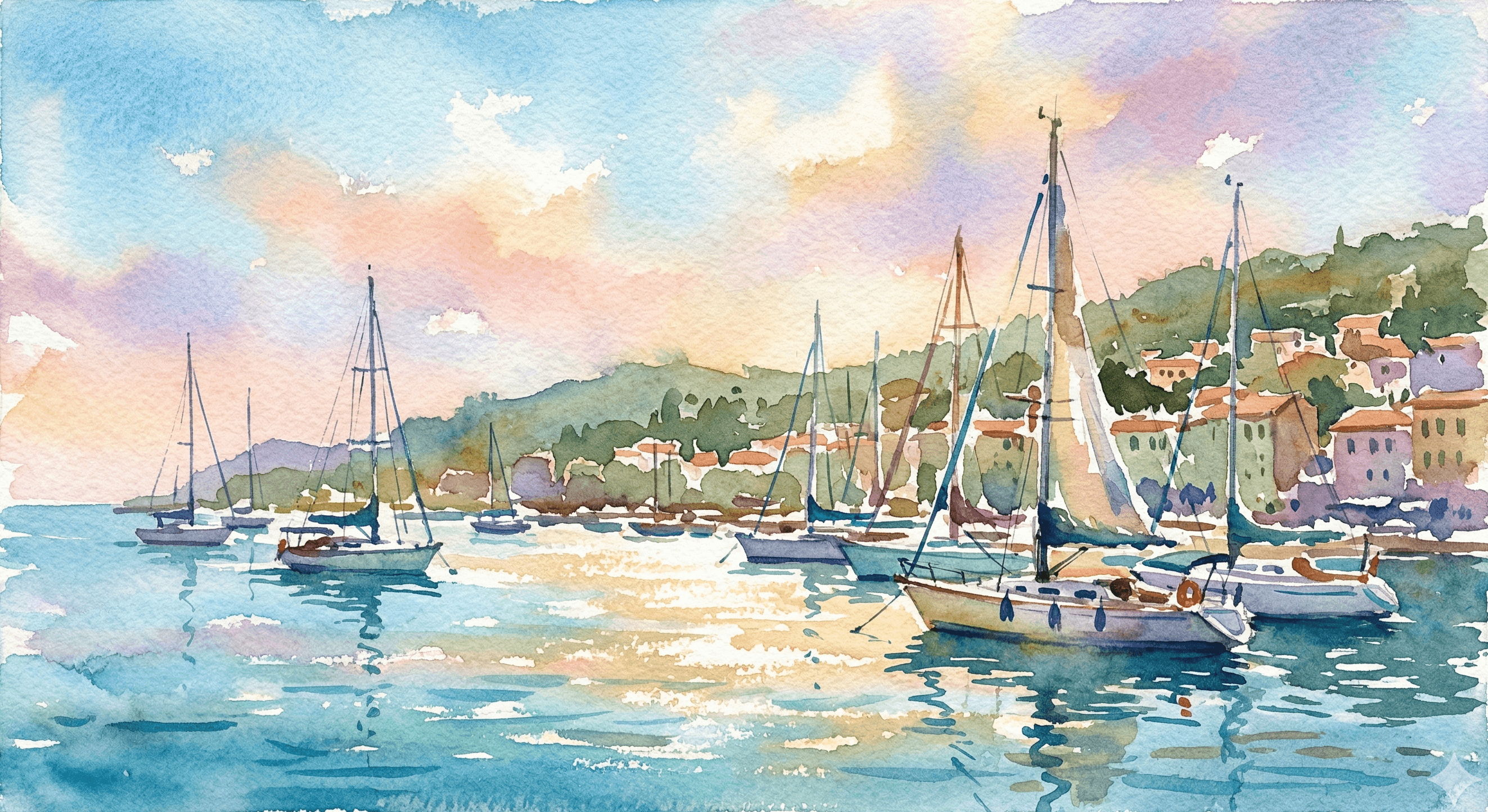 Watercolor harbor with sailboats in turquoise water and sunlit hillside
