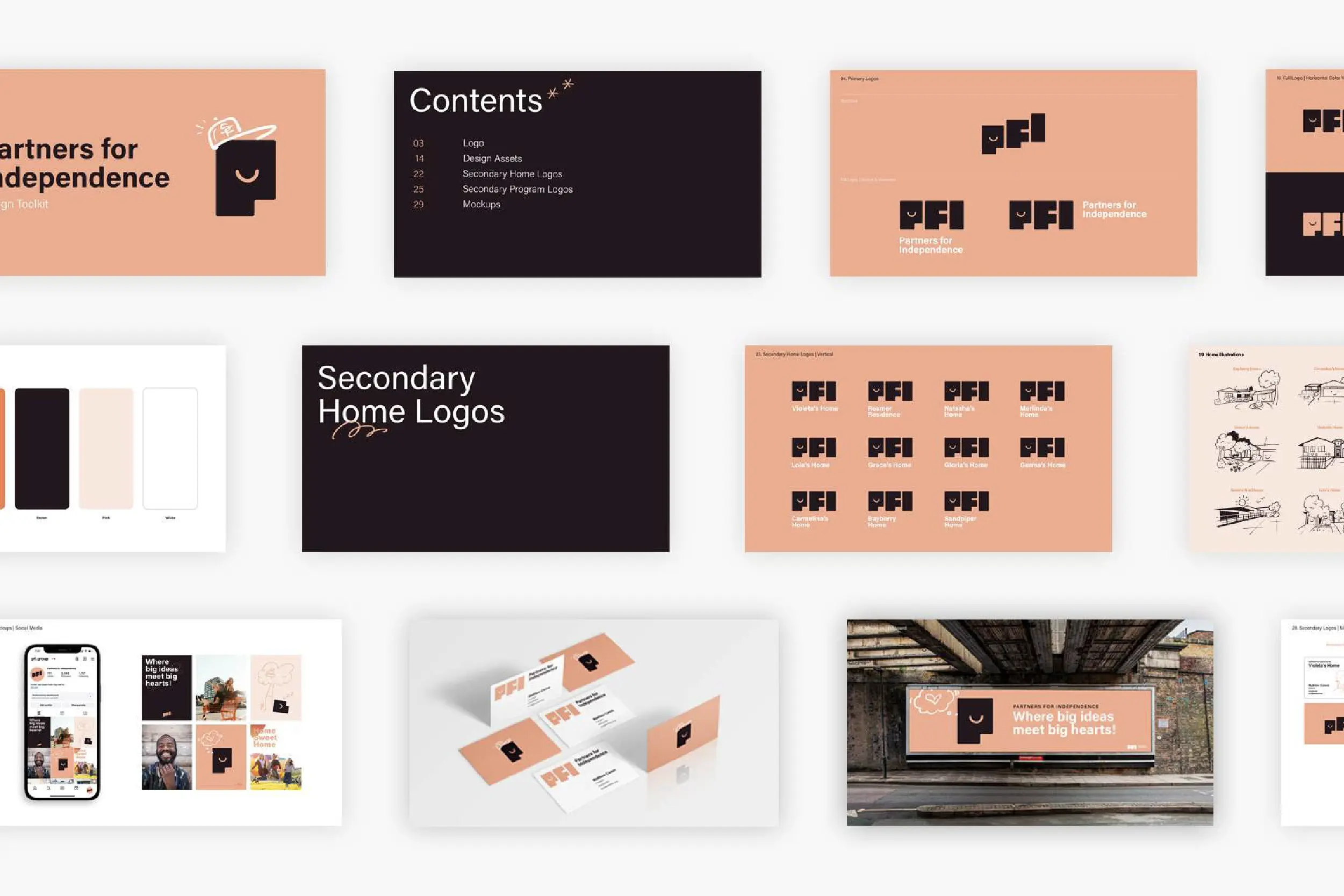 Partners for Independence brand guidelines pages displayed in a grid.