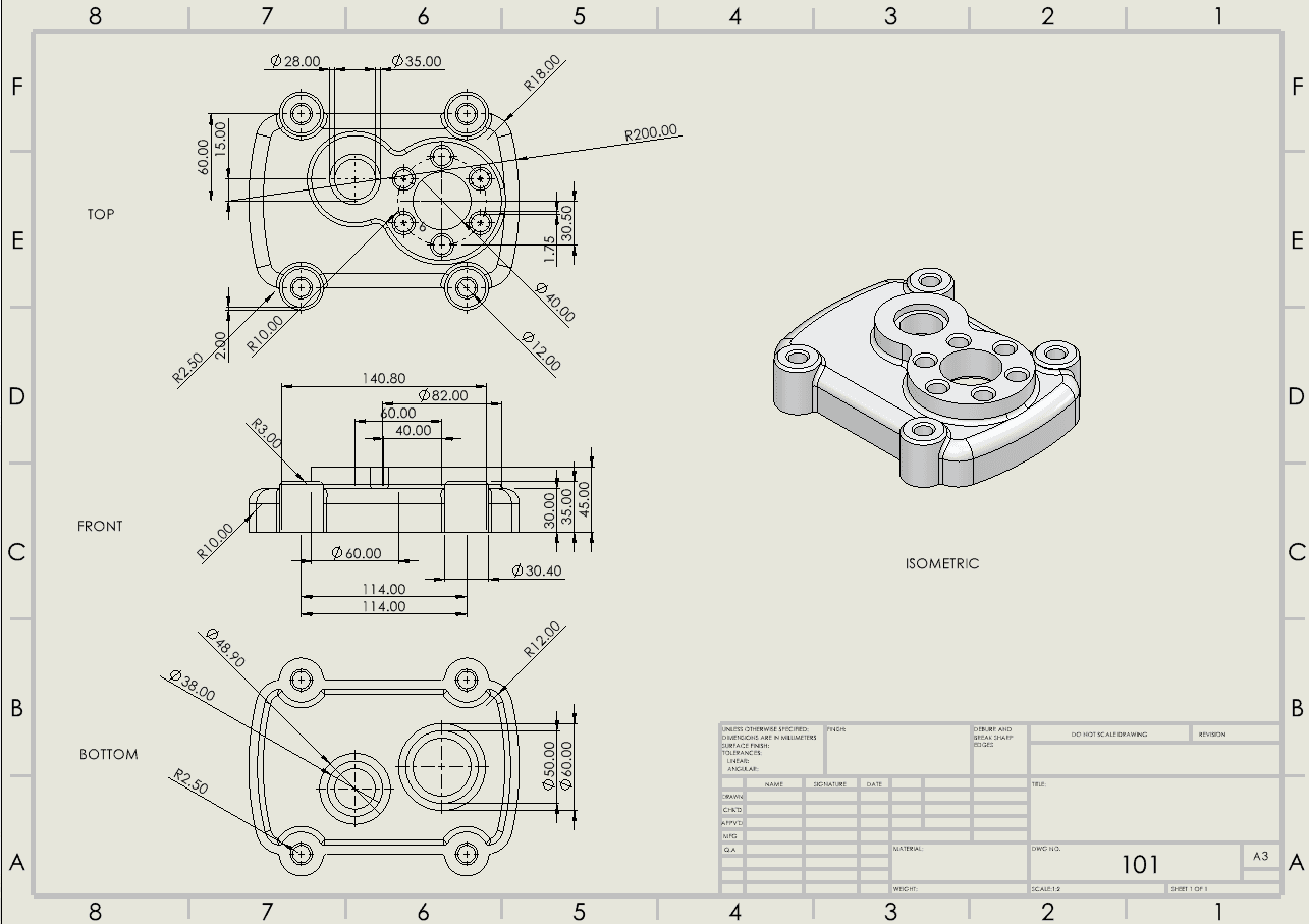 A standard A3 engineering drawing sheet containing the top, front, bottom, and isometric views of a complex parametric mechanical part with complete dimensional annotations and an empty title block.