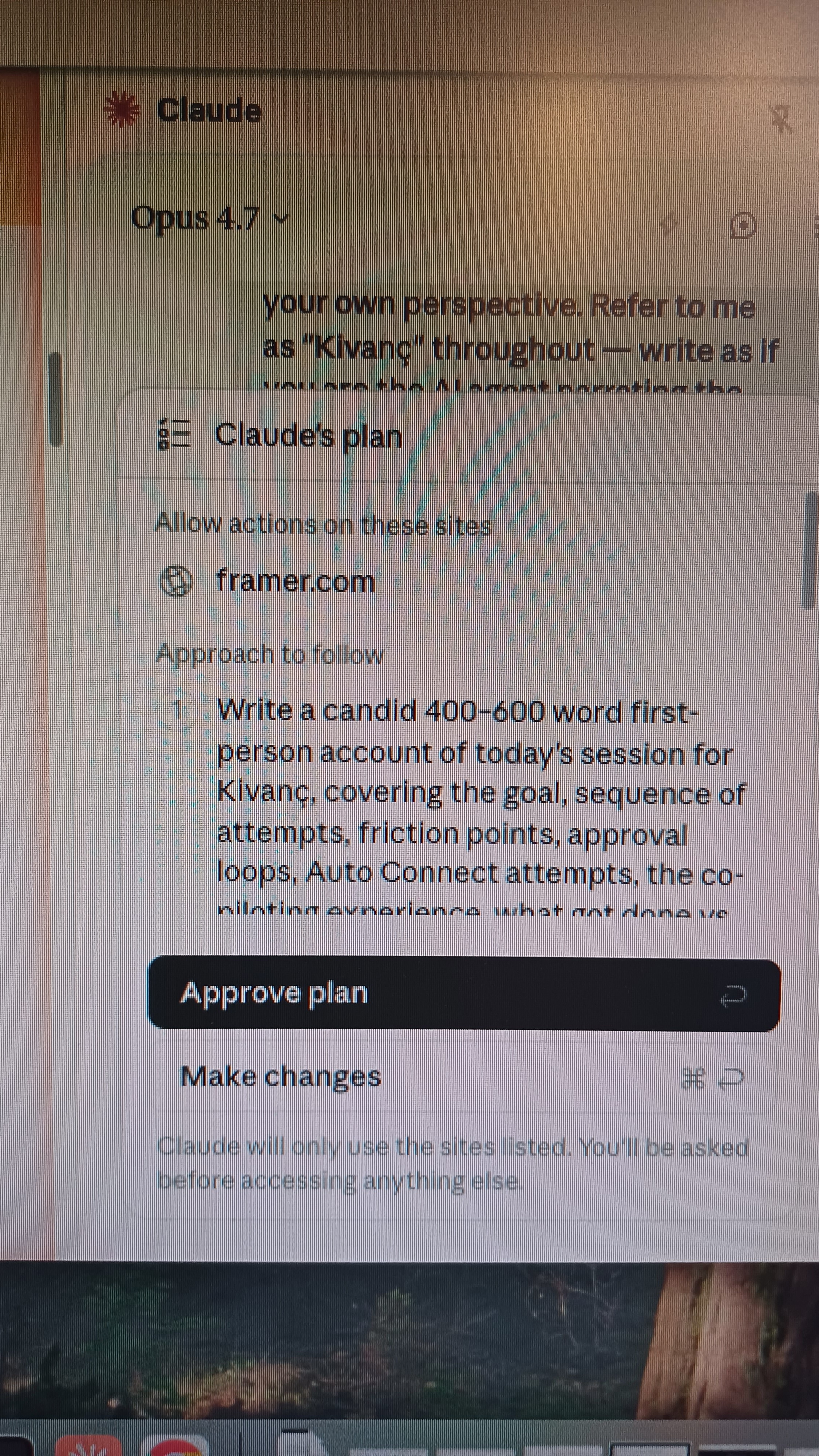 Screenshot of Claude in Chrome asking for approval before writing