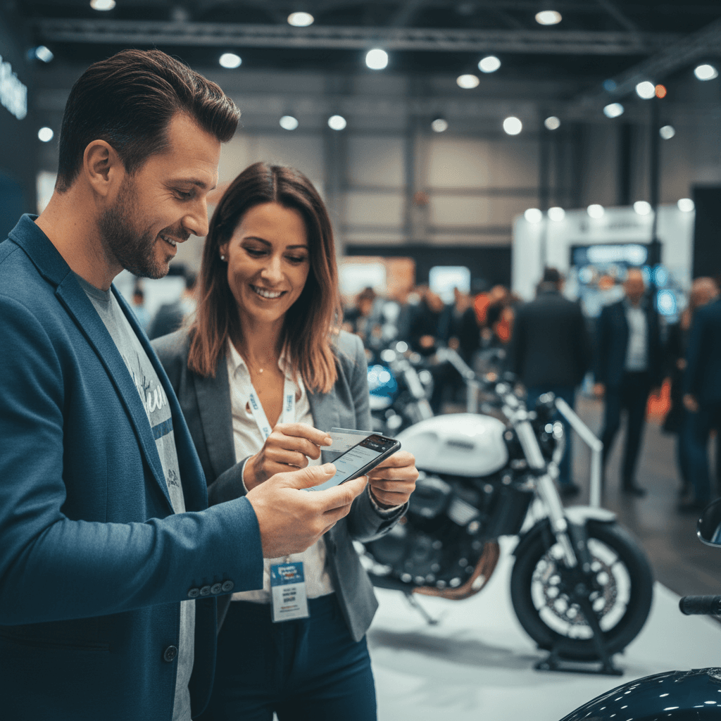 Two professionals networking at a motorcycle expo while capturing contact details near a powersports booth during the Indiana Motorcycle & Powersports Expo 2026.