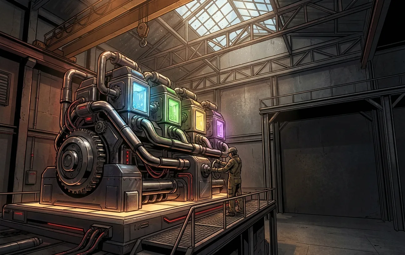 Steampunk engine in a factory, embodying RockN' Socials digital marketing agency.