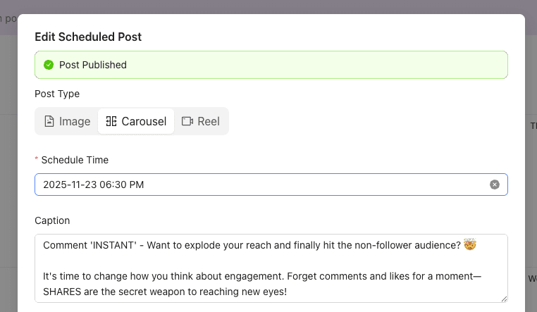 InstantDM Schdeule content - Posts, Carousels, Reels