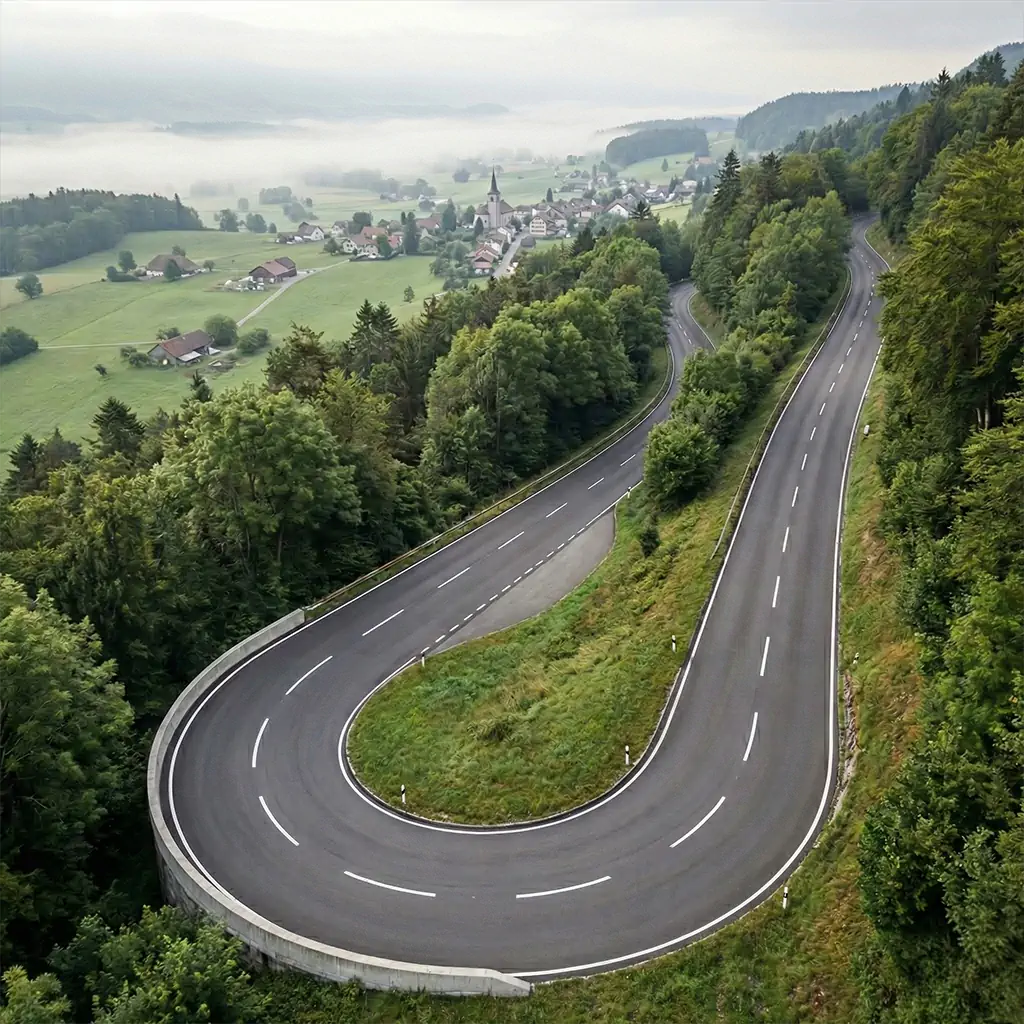 Vue aérienne de la route sinueuse entre St-Cergue et Gingins, tracé de la Coupe d'Europe de speed down 2026