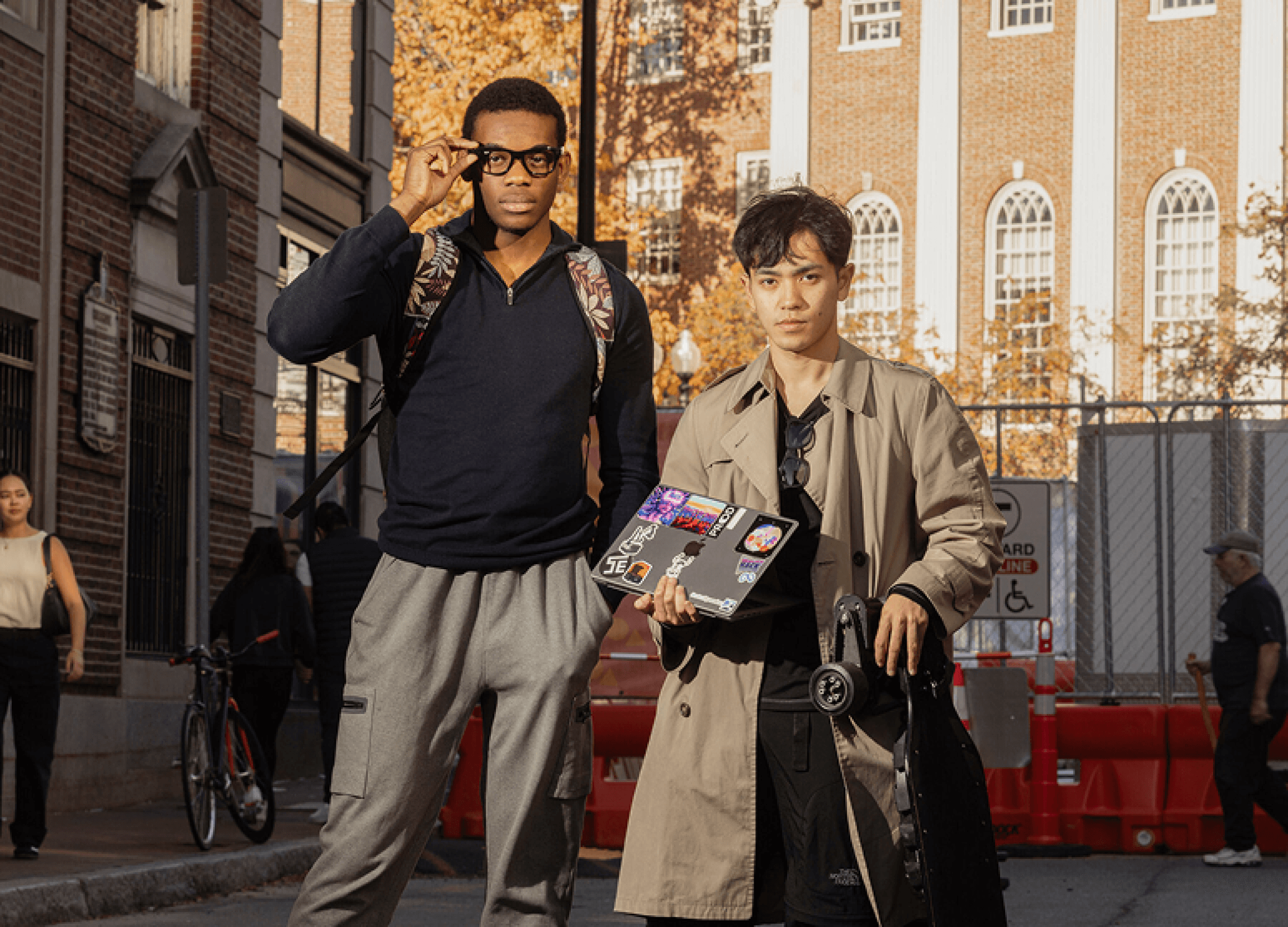 Two students posing wearing the Meta Ray Bans AI Glasses for a New York Times article. 
