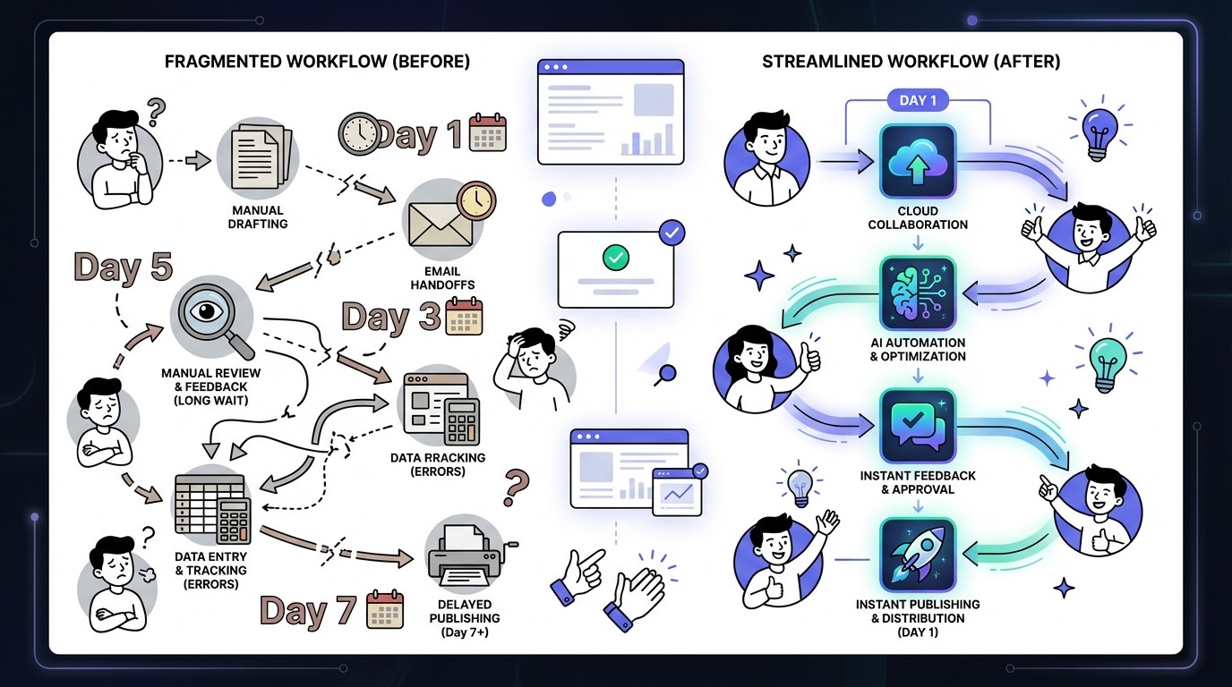 Diagram comparing a fragmented, multi-day traditional content workflow (left) with a streamlined, efficient modern workflow (right). The 'before' side shows disconnected steps, manual reviews, and a long timeline with multiple days, while the 'after' side shows integrated, automated steps completed efficiently in a single day.
