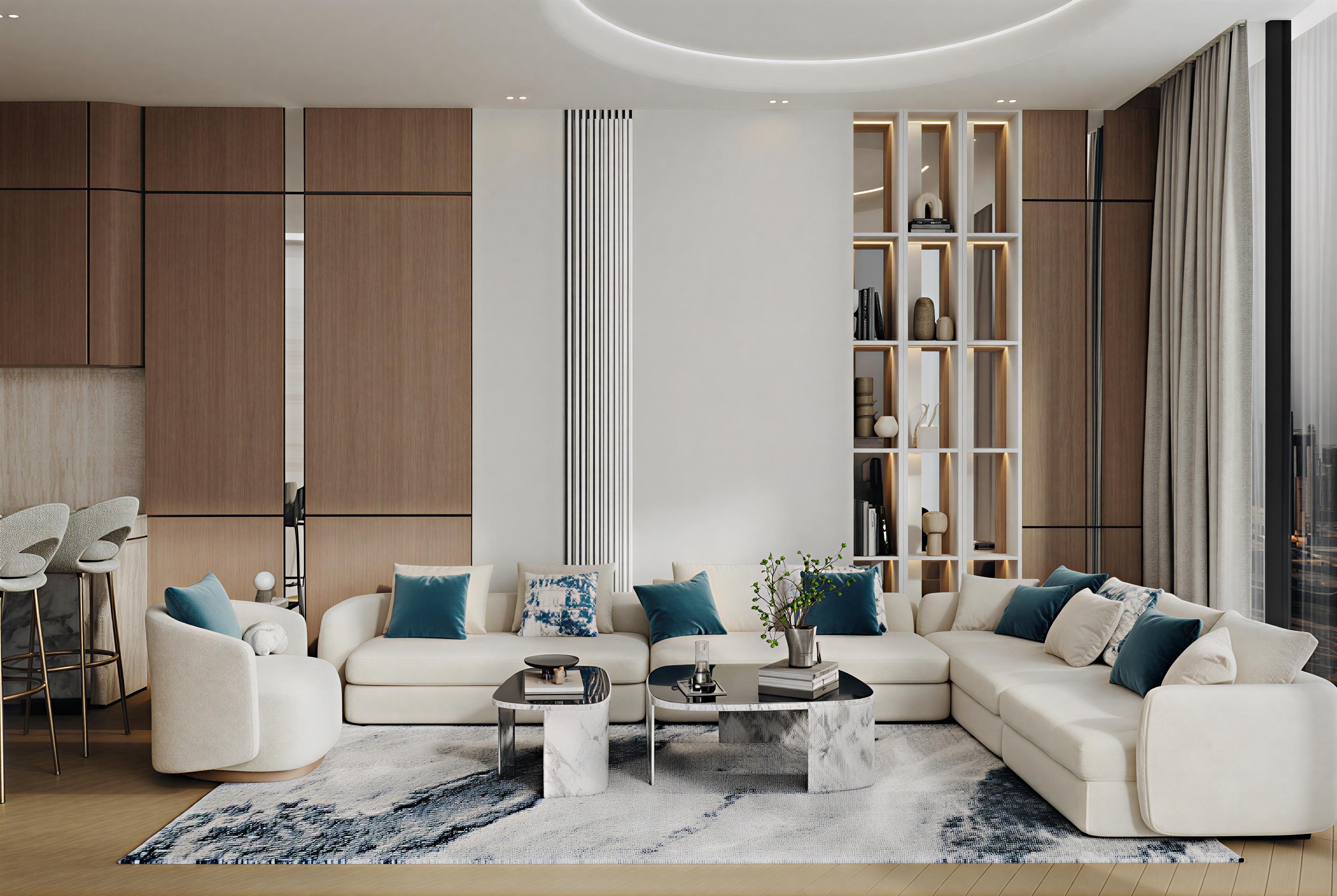 Contemporary living room with white furnishings, blue details, and expansive views of sky terraces outside.