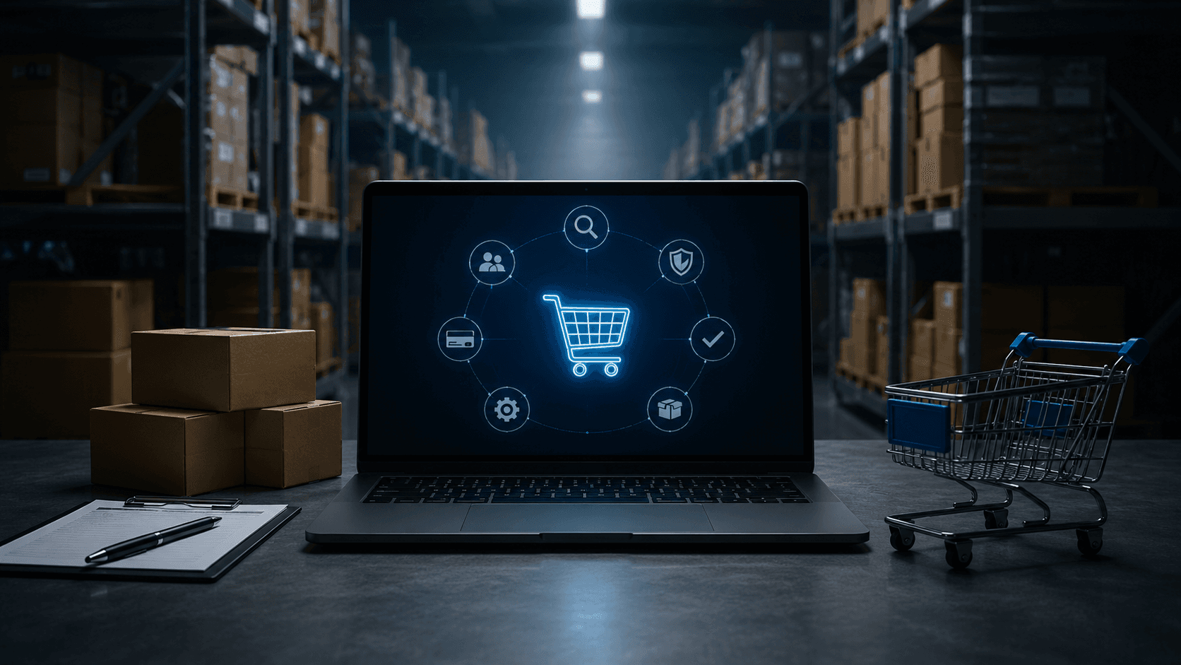 Imagem em estilo realista 3D mostrando um ambiente de distribuidora moderna e escura, com prateleiras industriais cheias de caixas ao fundo. No centro, um notebook aberto sobre uma mesa exibe um ícone digital de carrinho de compras cercado por símbolos de e-commerce e gestão. Ao lado do notebook há caixas de papelão, uma prancheta e um carrinho metálico de compras pequeno. A cena transmite tecnologia, operação logística e escolha de plataforma digital para vendas B2B. Formato horizontal 16:9, sem pessoas e sem texto.