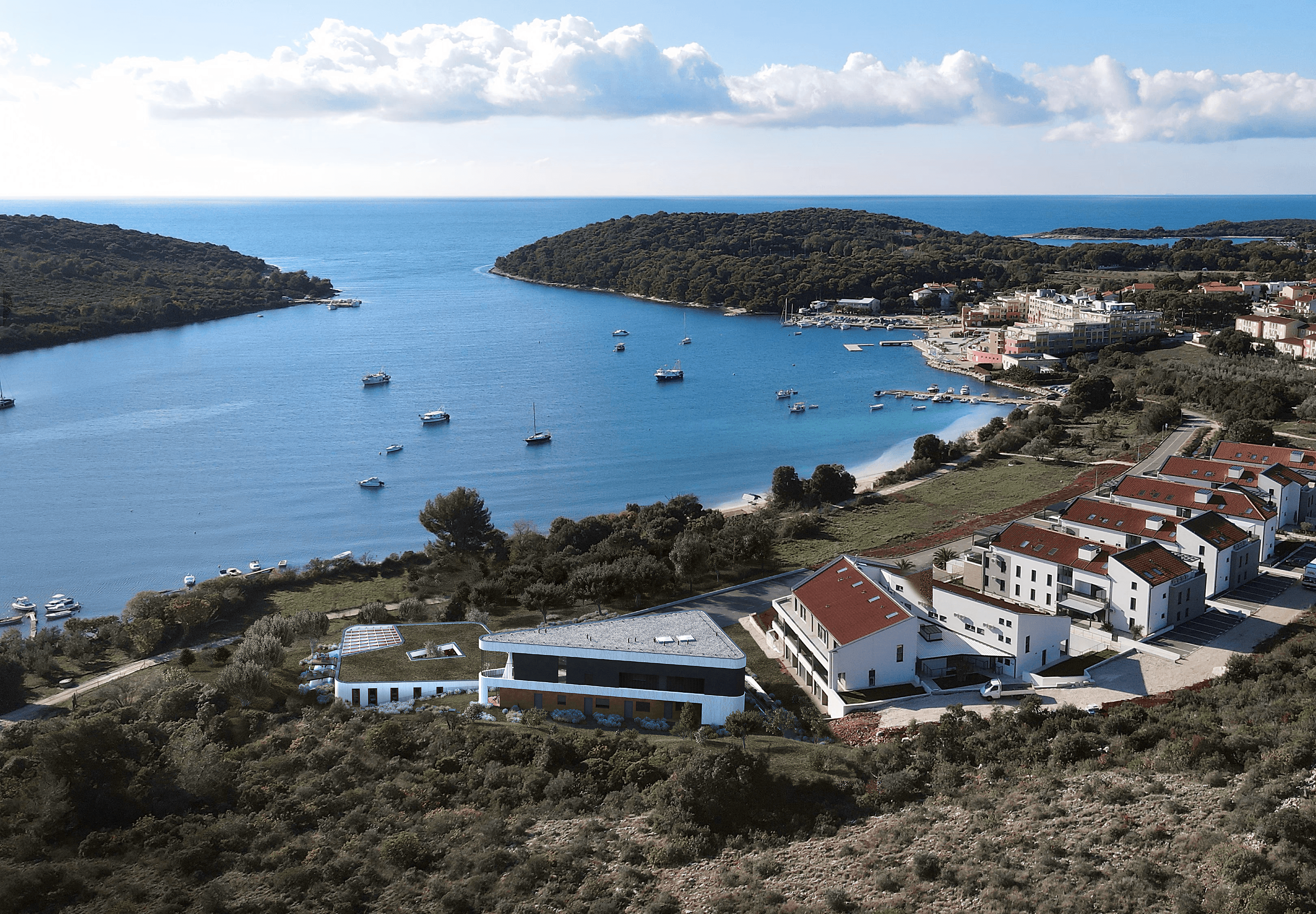 Vizualizacija dronom Olive Garden projekta – predivan pogled na more, Banjole i skladna integracija arhitekture u prirodni okoliš