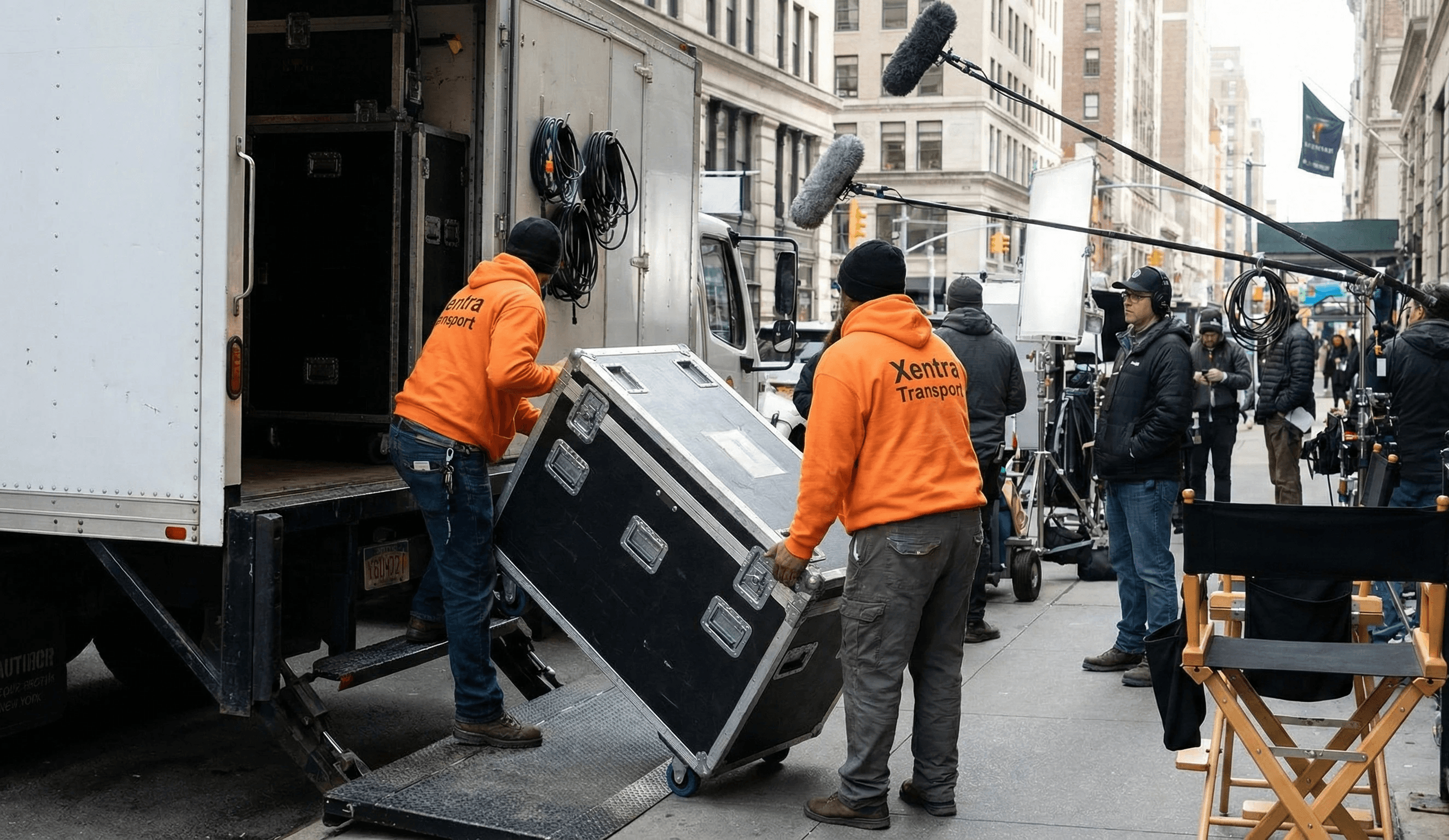 film/TV studio loading entrance in NYC. Two couriers