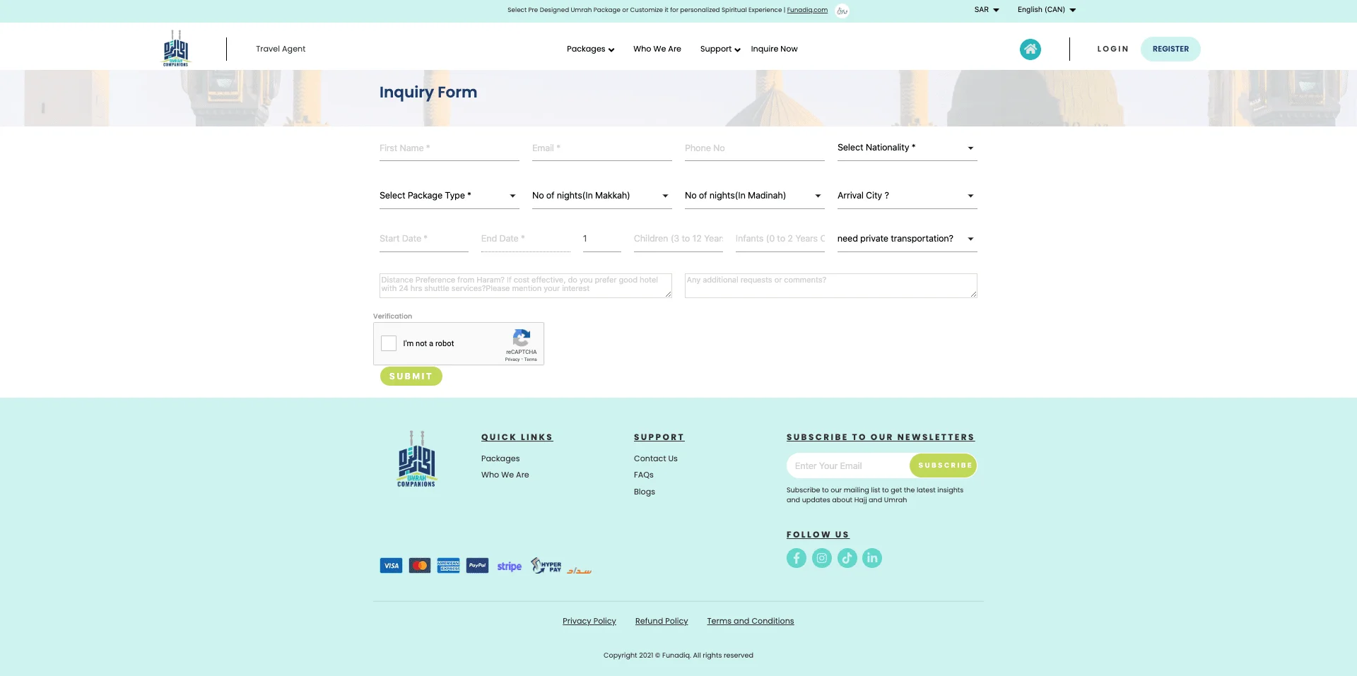 Custom Umrah travel agency Inquiry Now Page Page designed by Dreams Agency, Mississauga, Ontario.