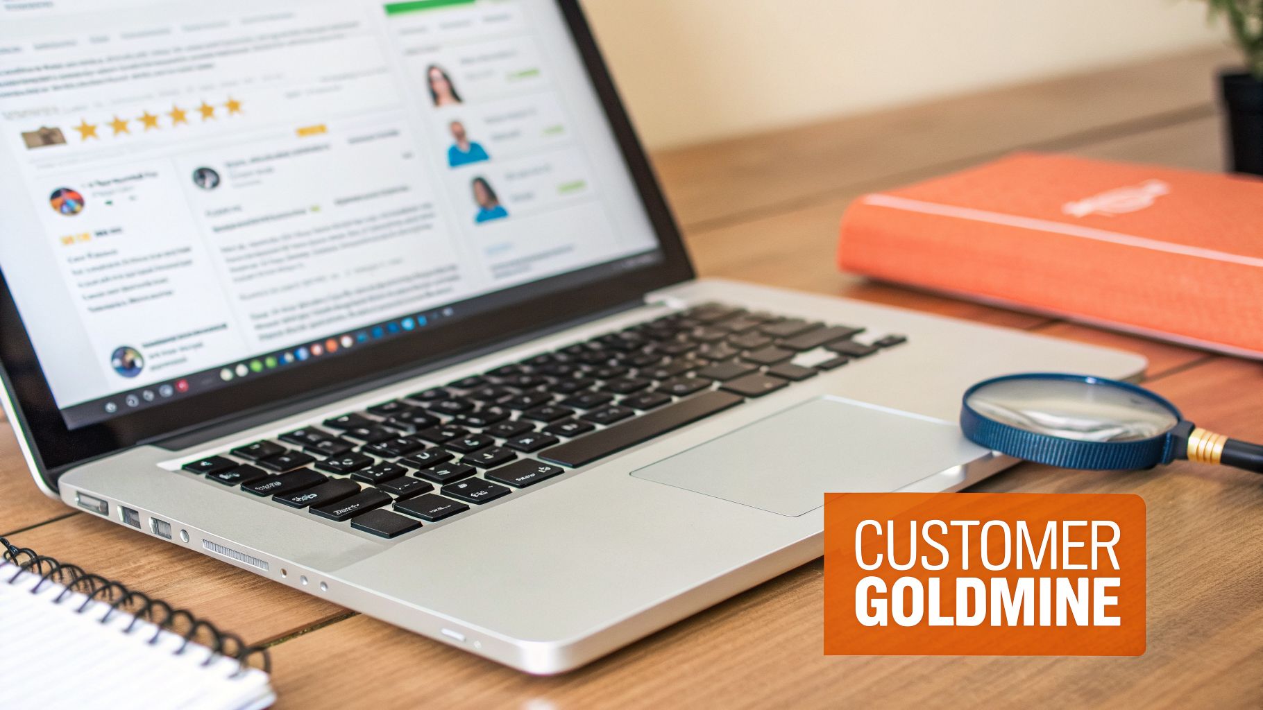 Laptop displaying customer reviews and feedback, magnifying glass on a wooden desk with a notebook.