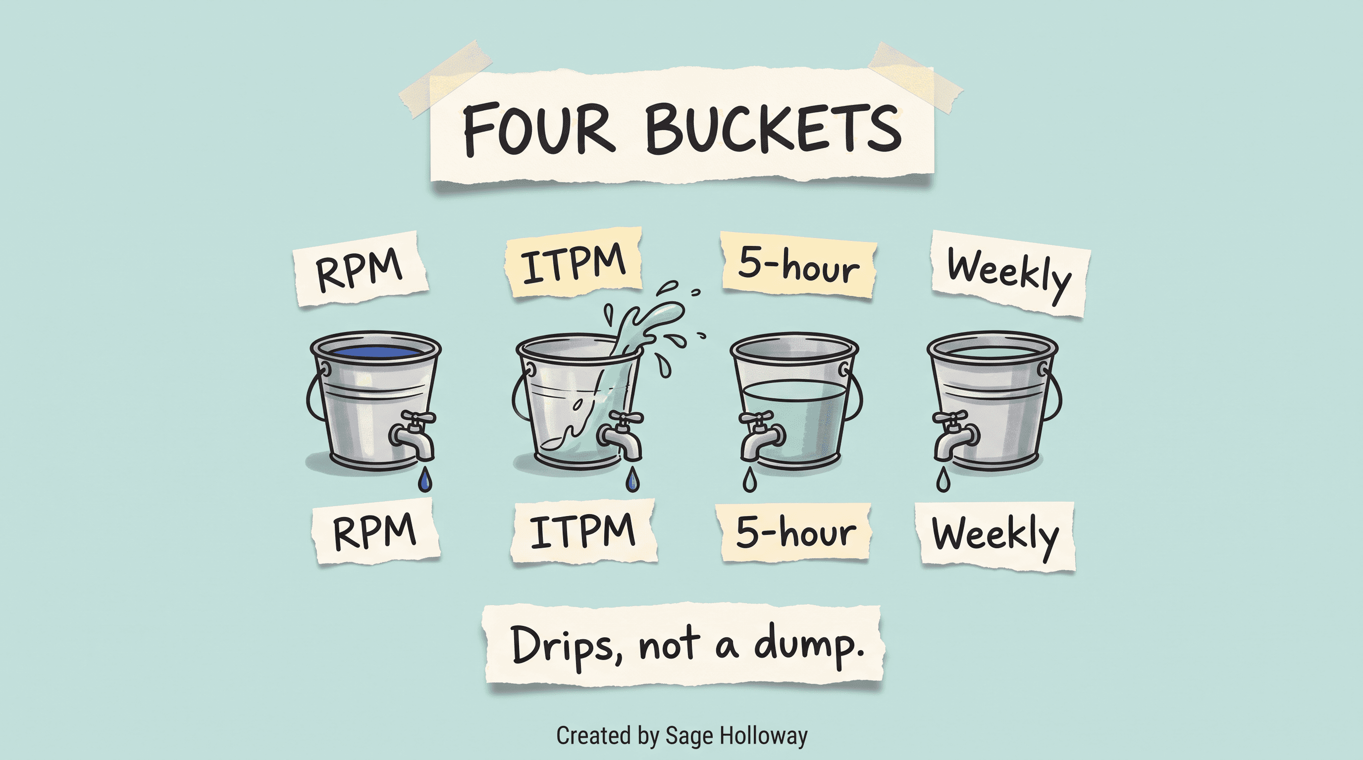 Scrapbook diagram of Claude Code RPM, ITPM, 5-hour, and weekly limits as four buckets with continuous drip