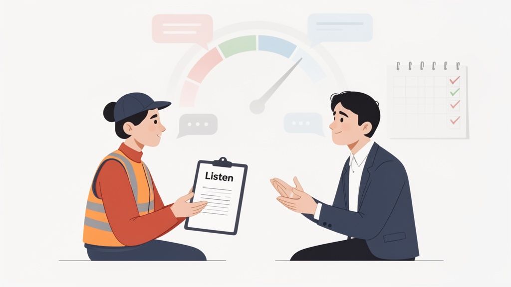 An employee and a manager discuss feedback, with a clipboard showing 'Listen' and a gauge.