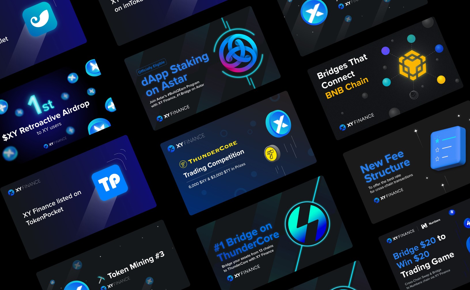 Rows of black and bluish assets for the brand