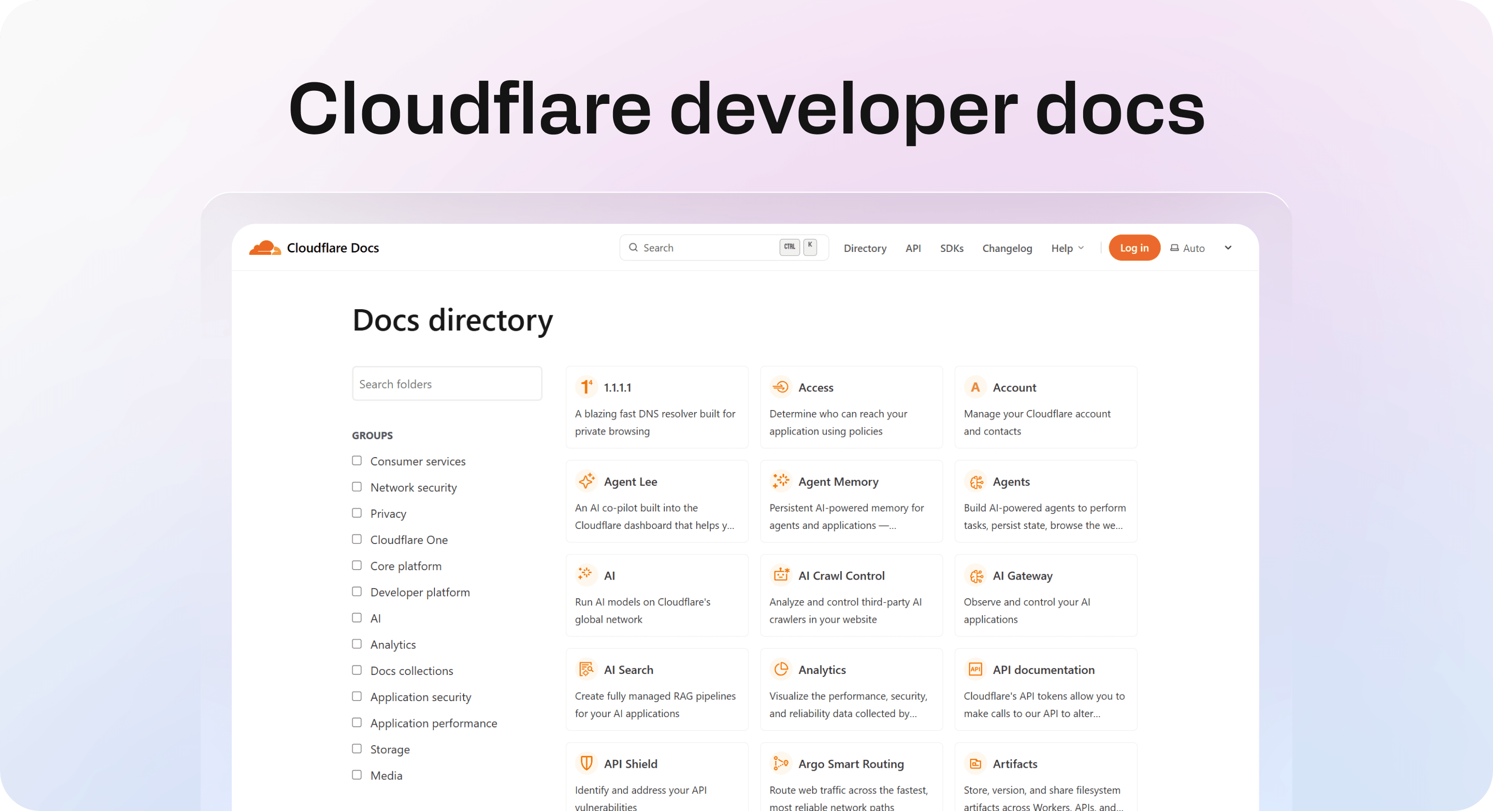 Cloudflare developer documentation directory organized by products and technical categories