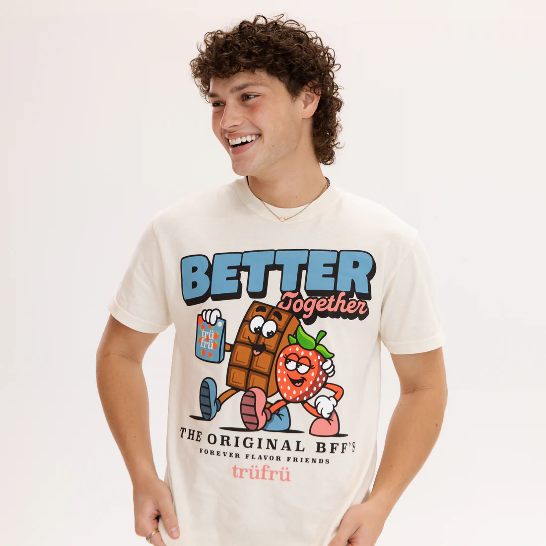 An image of a man modeling the TruFru "Better Together" T-shirt.