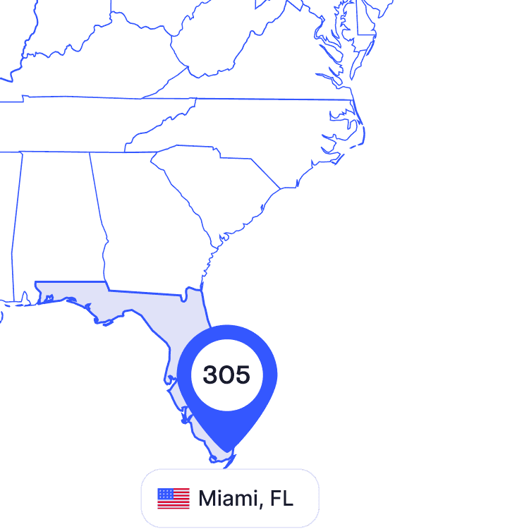 US map of 305 area code phone numbers and its coverage region
