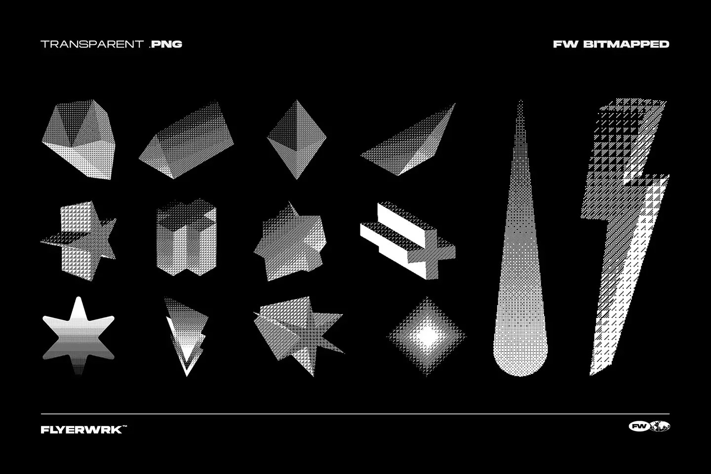 Bitmapped design elements set of geometric prisms stars and lightning bolts with brutalist halftone styling