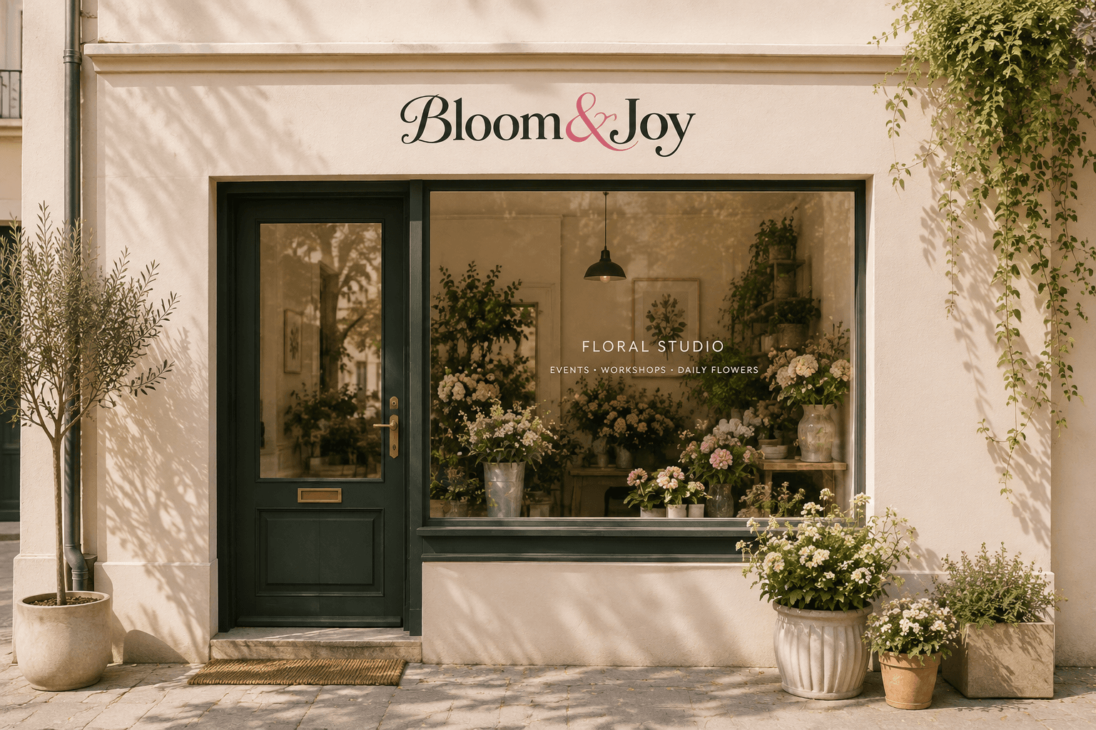 Bloom & Joy floral studio storefront with flowers displayed in the window
