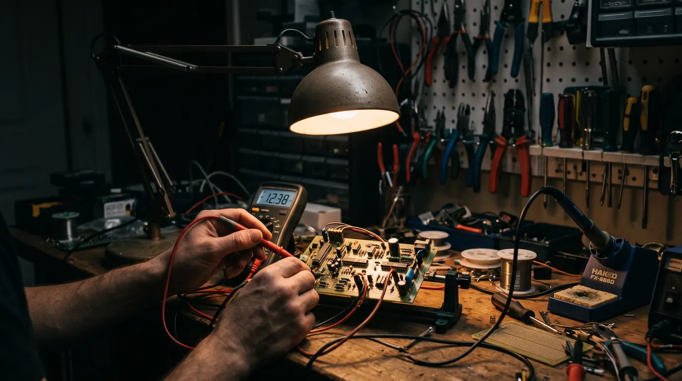 Hands testing a circuit board with multimeter probes under a desk lamp