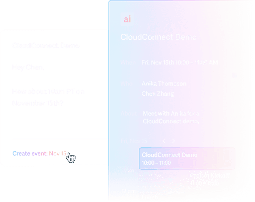 An image of an email message next to a new calendar event being created with the title: Board Meeting Prep, scheduled from 10:00 to 11:00AM